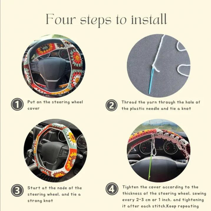Handmade crochet Steering Wheel Cover for women, cute daisy colorful flower seat belt Cover, Car interior Accessories decorations