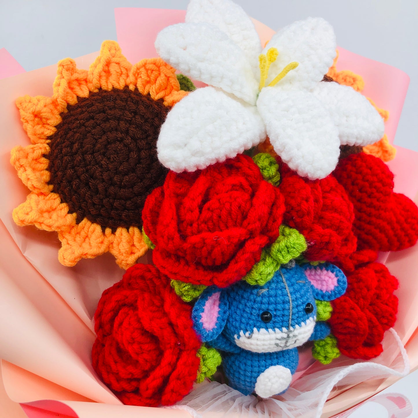Handmade Crochet Flower Bouquet with Blue donkey – Knitted Roses, Sunflowers & Lily Gift for Birthday, Valentine’s Day, or Home Décor