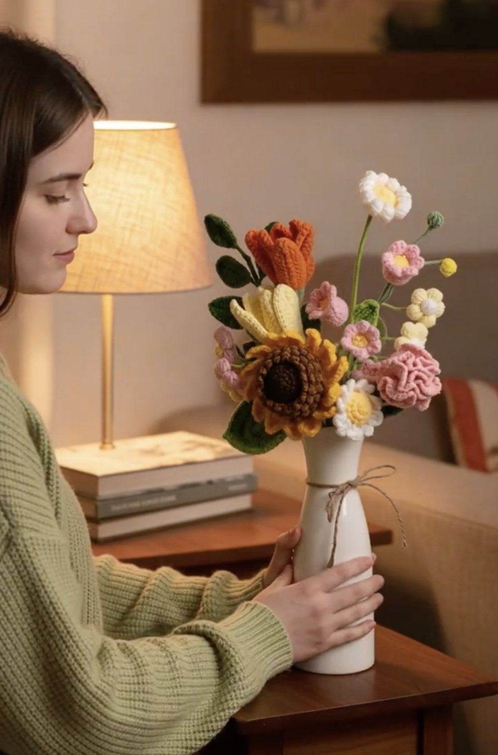 Crochet Flower Bouquet Vase, Handmade Knitted Flowers, Forever Floral Decor
