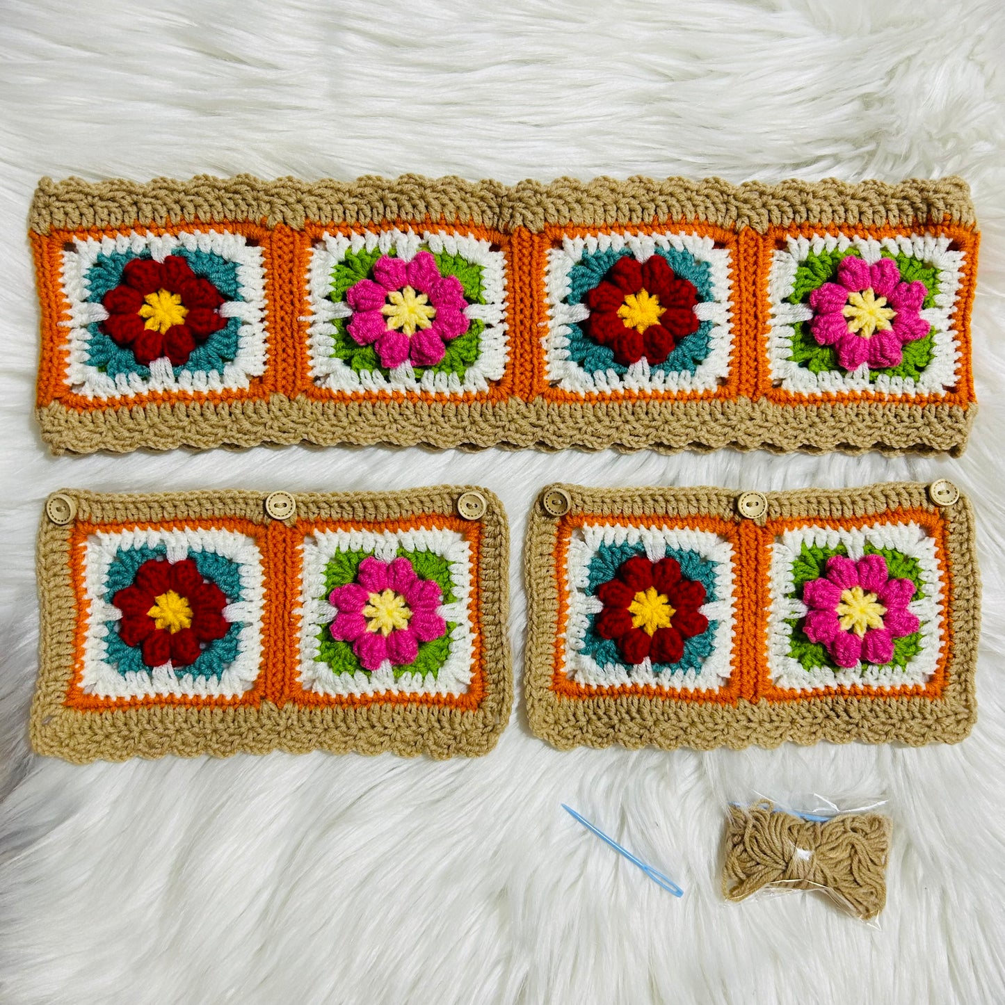 Steering Wheel Cover for women, Crochet Ginger puff light brown flower seat belt Cover, Car Accessories decorations