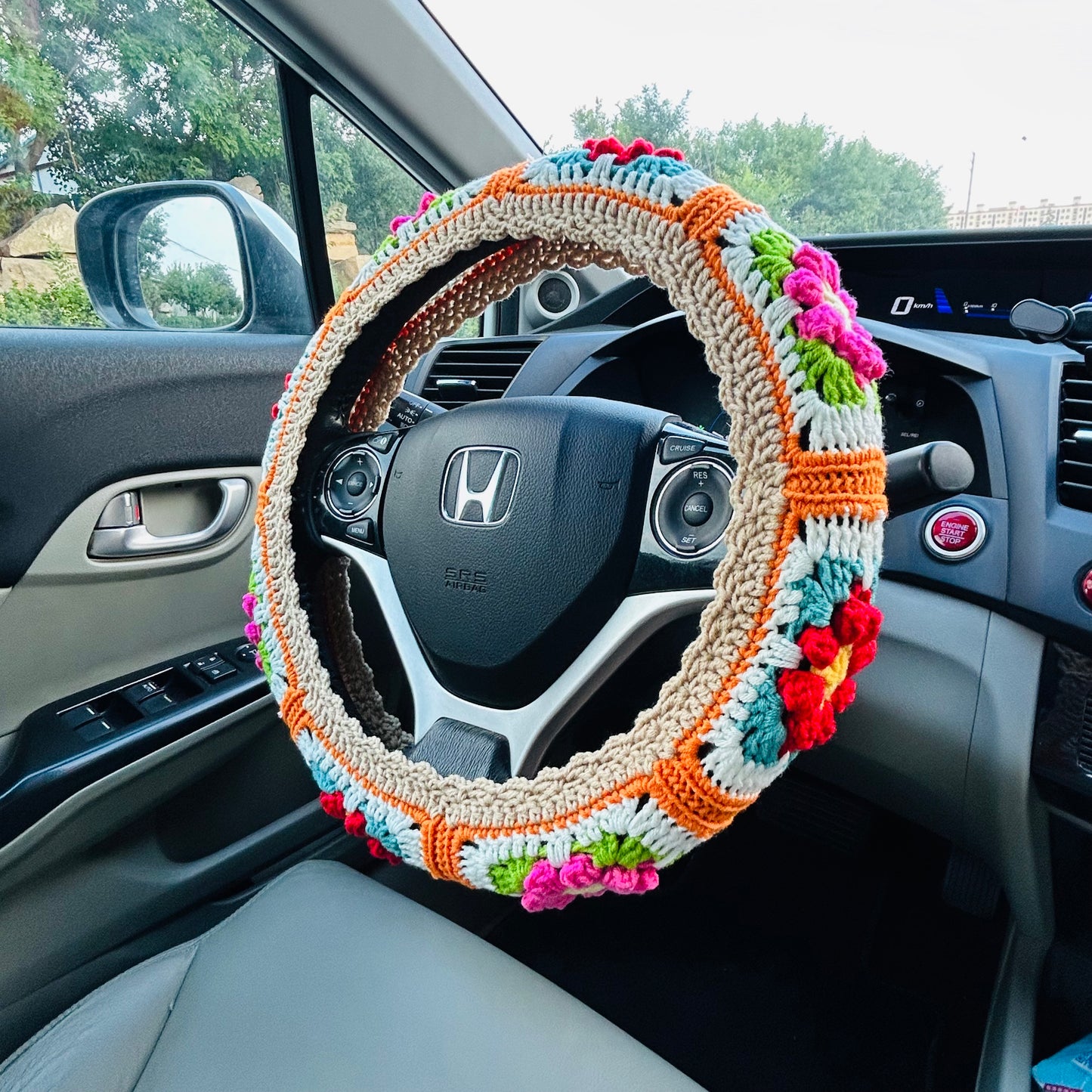 Steering Wheel Cover for women, Crochet Ginger puff light brown flower seat belt Cover, Car Accessories decorations