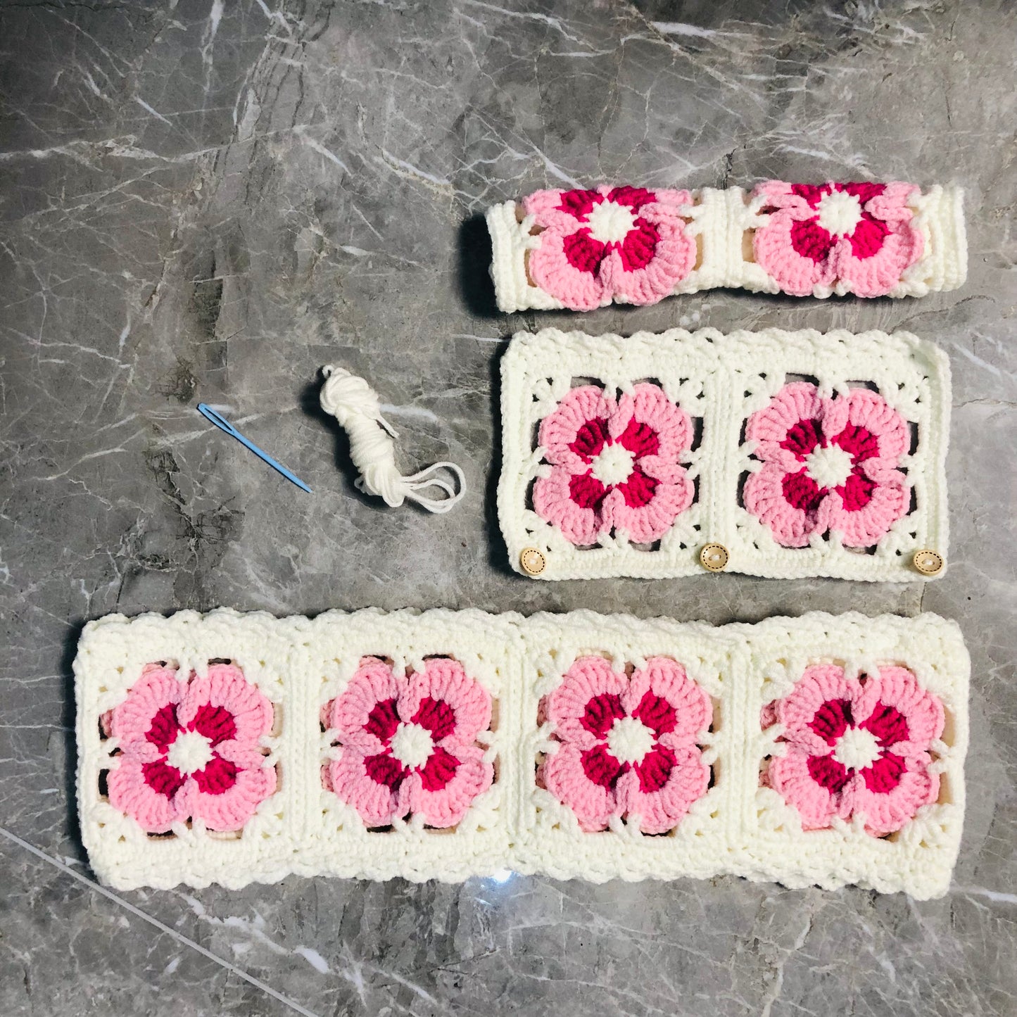 Handmade crochet cute pink white Phalaenopsis Steering Wheel Cover for women, flower seat belt Cover, Car interior Accessories decorations car gift