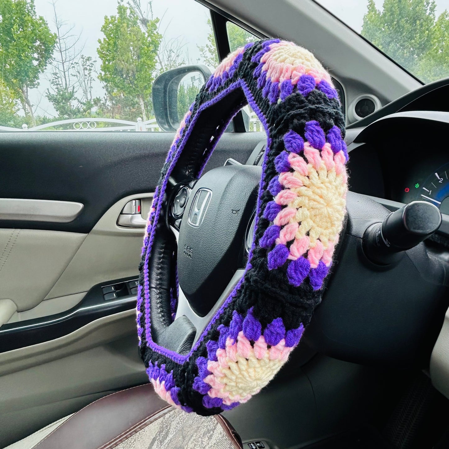 Steering Wheel Cover for women, Crochet Purple flower seat belt Cover, Car Accessories decorations