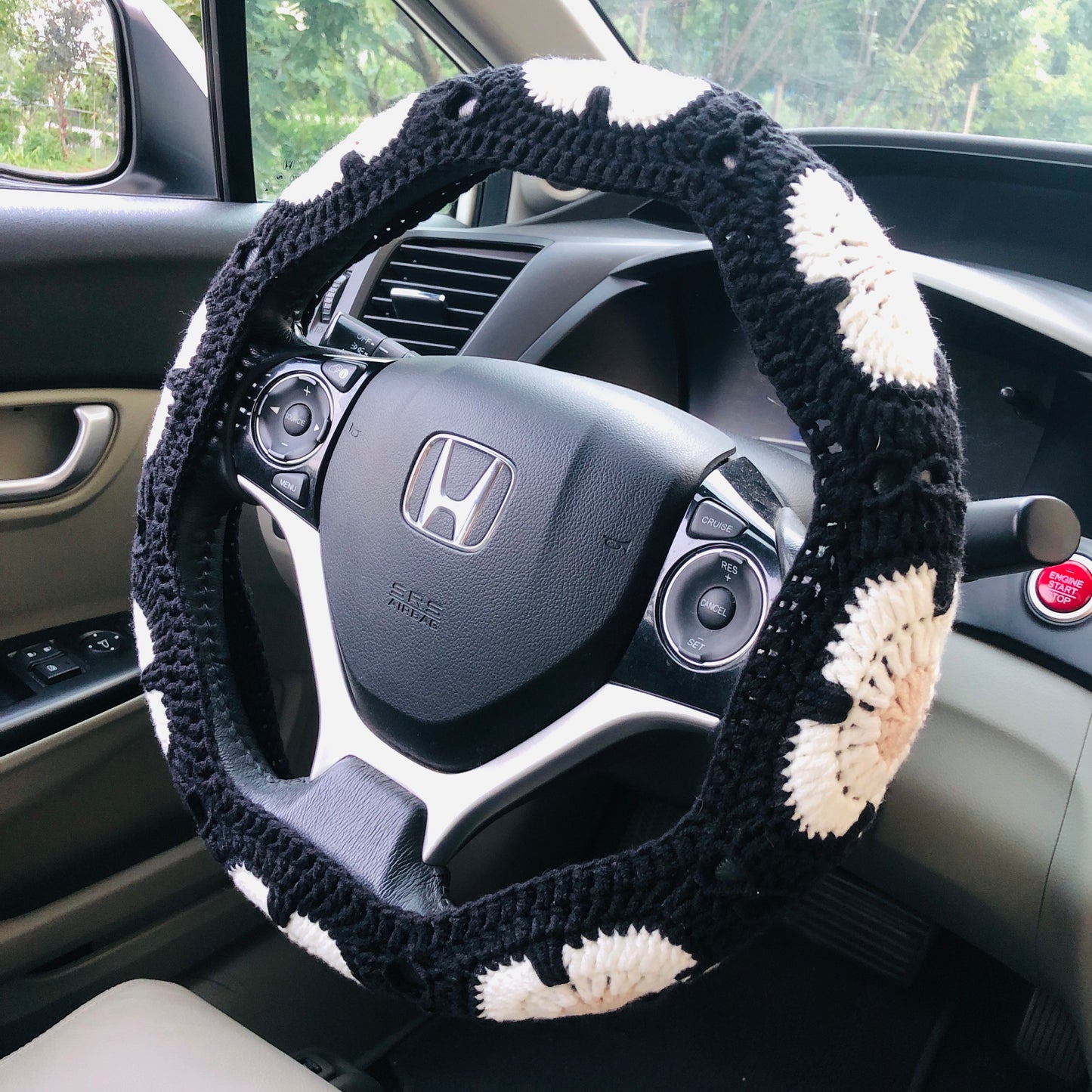 Steering Wheel Cover for women, Crochet black flower seat belt Cover, Car Accessories decorations