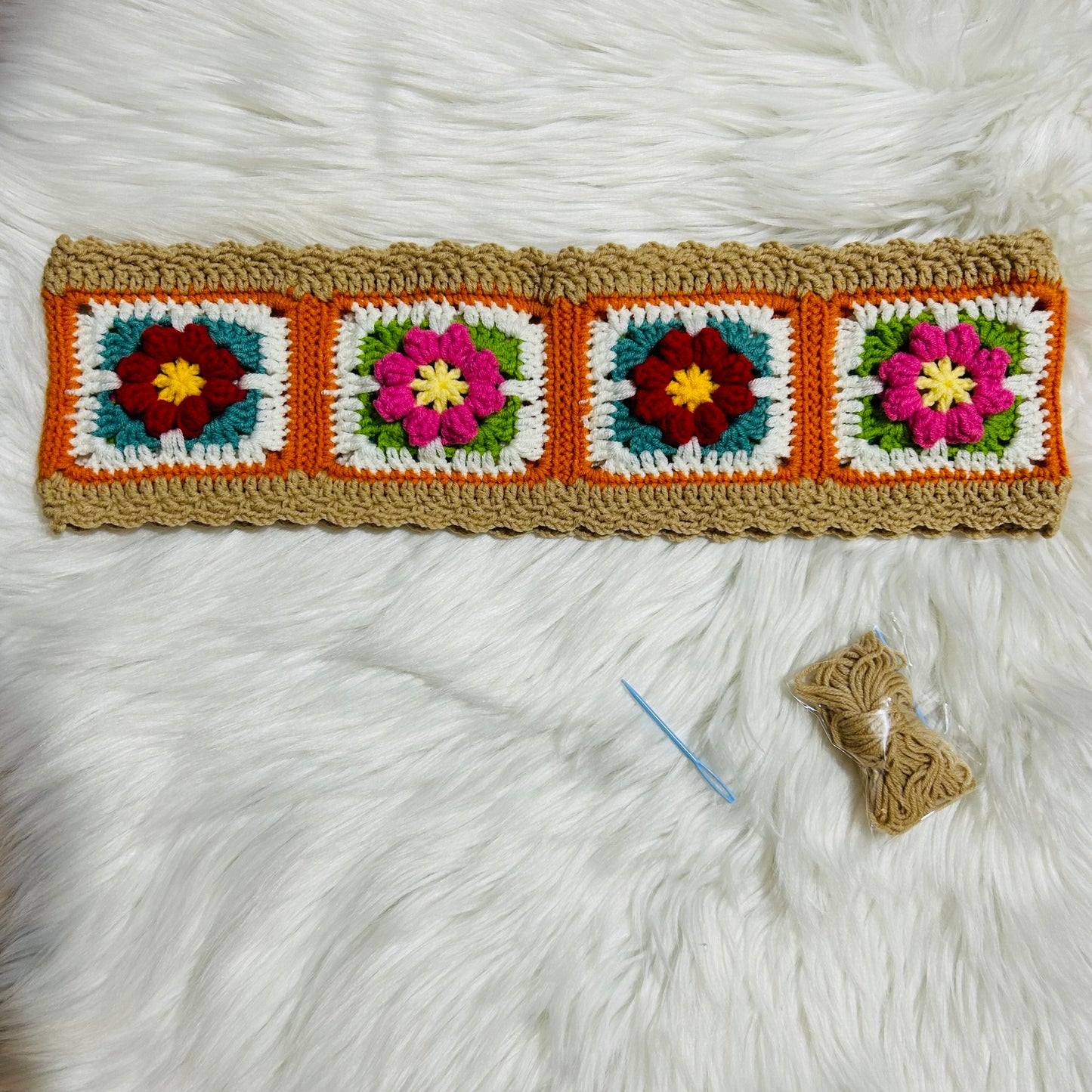 Steering Wheel Cover for women, Crochet Ginger puff light brown flower seat belt Cover, Car Accessories decorations