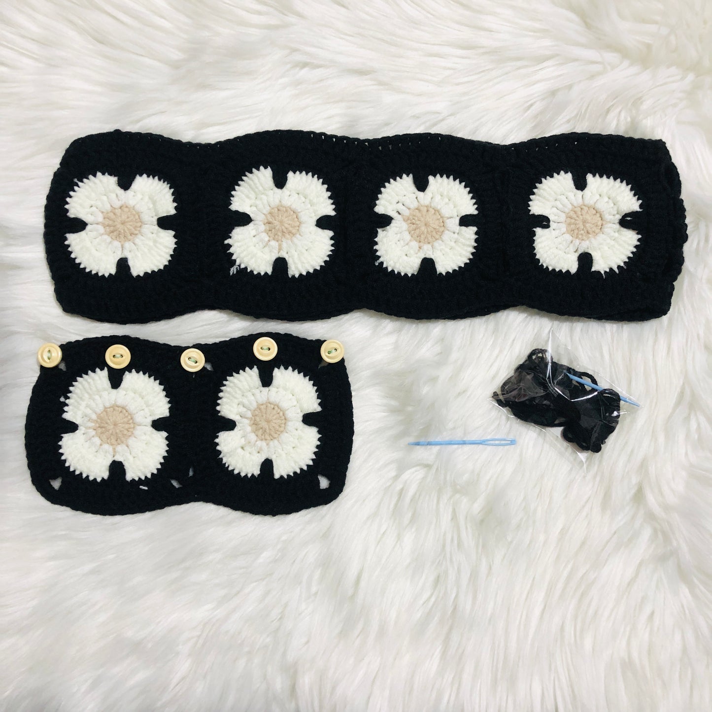 Steering Wheel Cover for women, Crochet black flower seat belt Cover, Car Accessories decorations