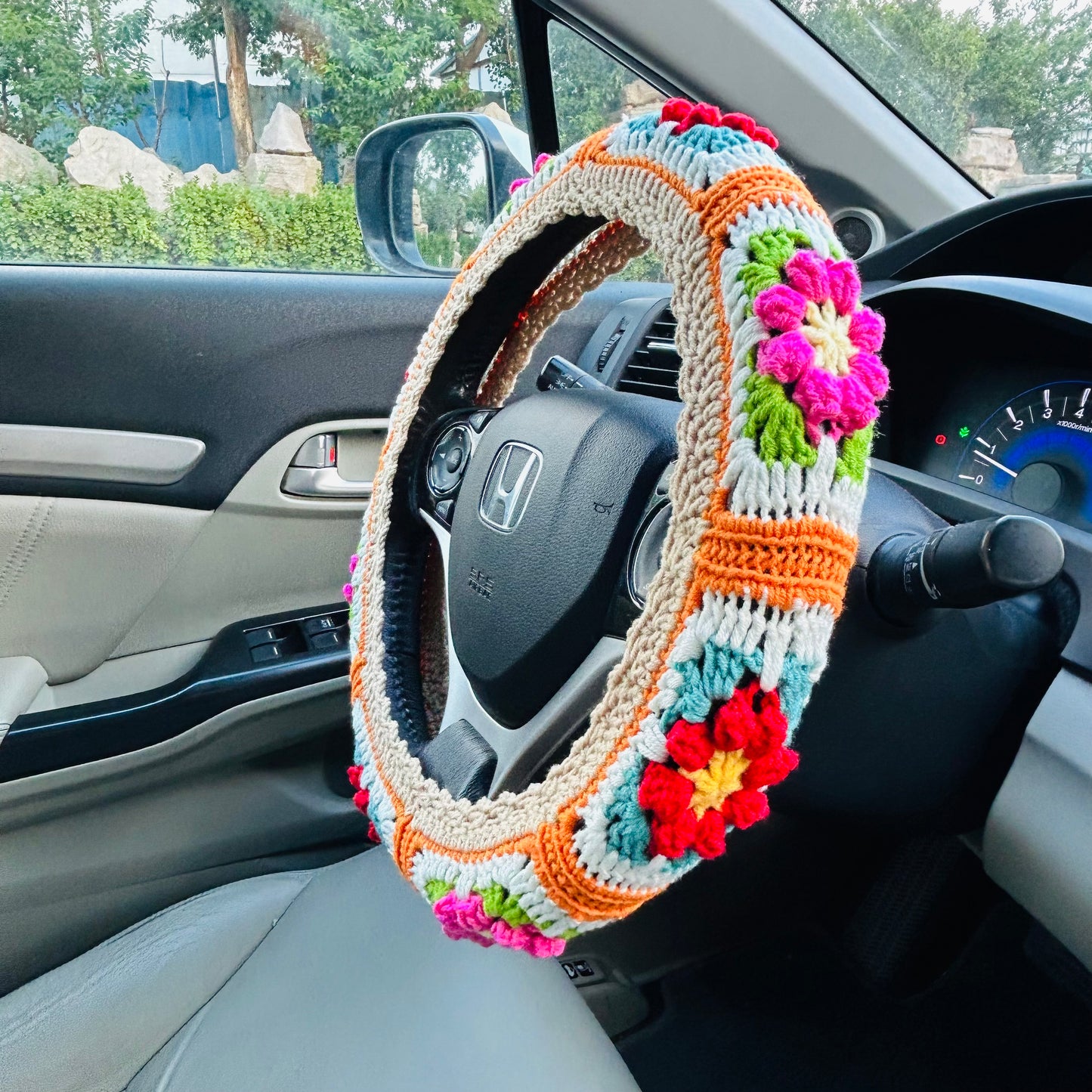 Steering Wheel Cover for women, Crochet Ginger puff light brown flower seat belt Cover, Car Accessories decorations