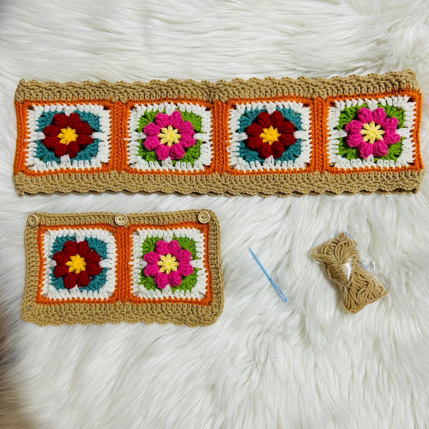 Steering Wheel Cover for women, Crochet Ginger puff light brown flower seat belt Cover, Car Accessories decorations