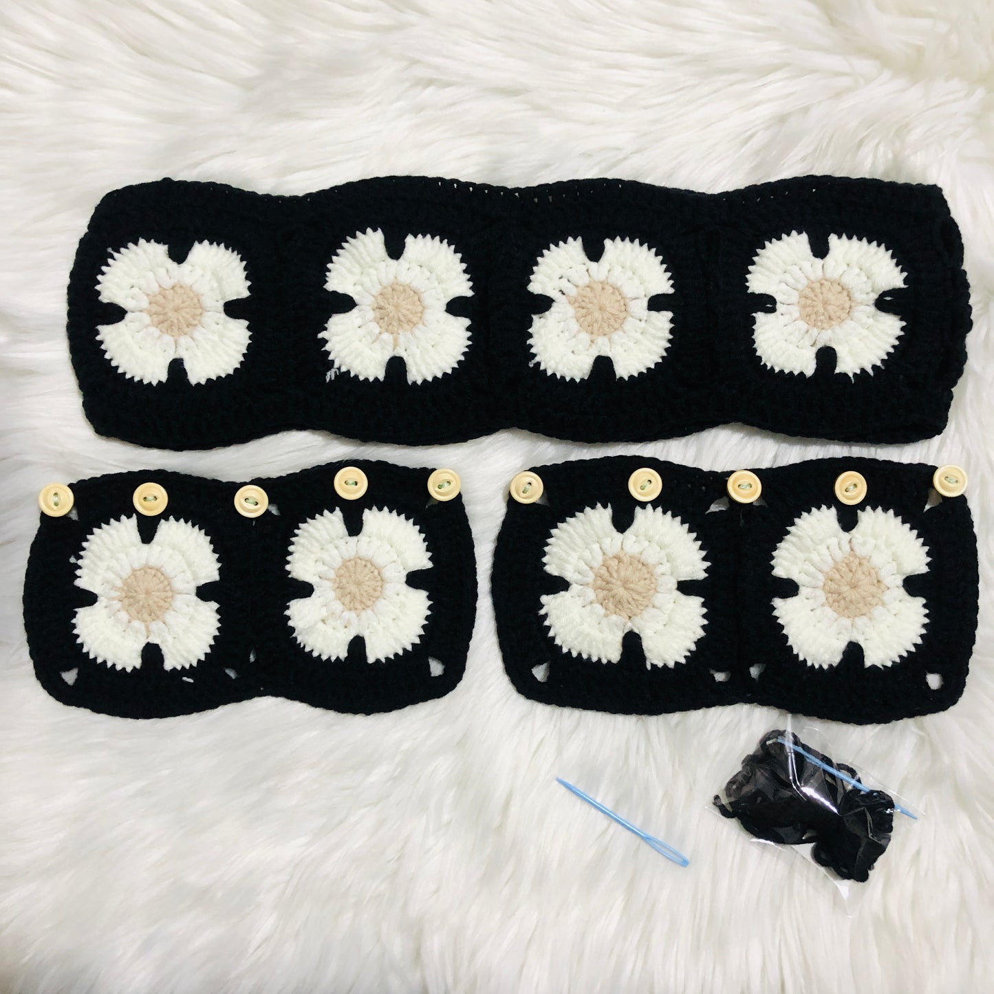 Steering Wheel Cover for women, Crochet black flower seat belt Cover, Car Accessories decorations