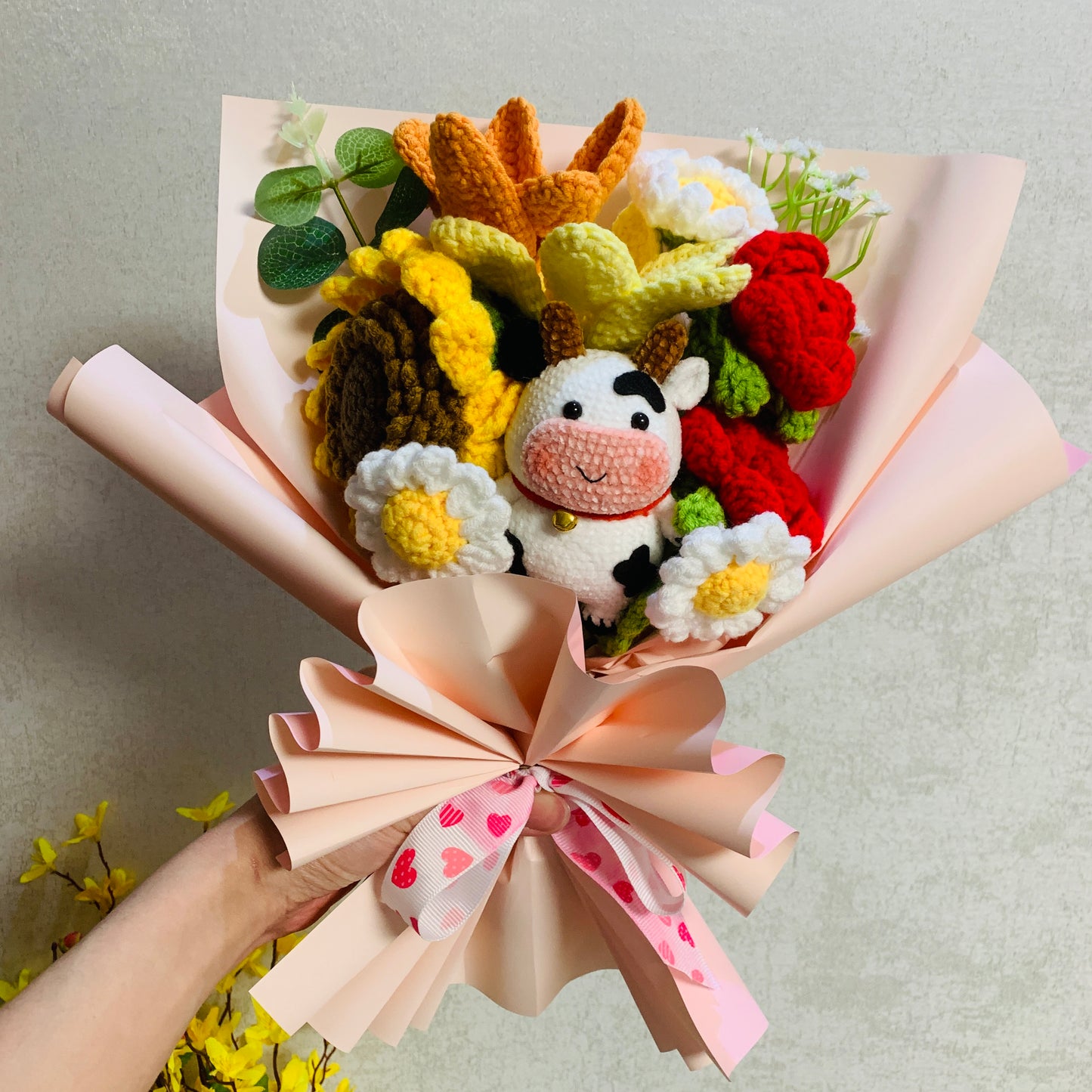 Crochet flowers, red rose sunflower tulip ornaments, cute A bunch of flower Anniversary bouquet Gift for her flower ornaments