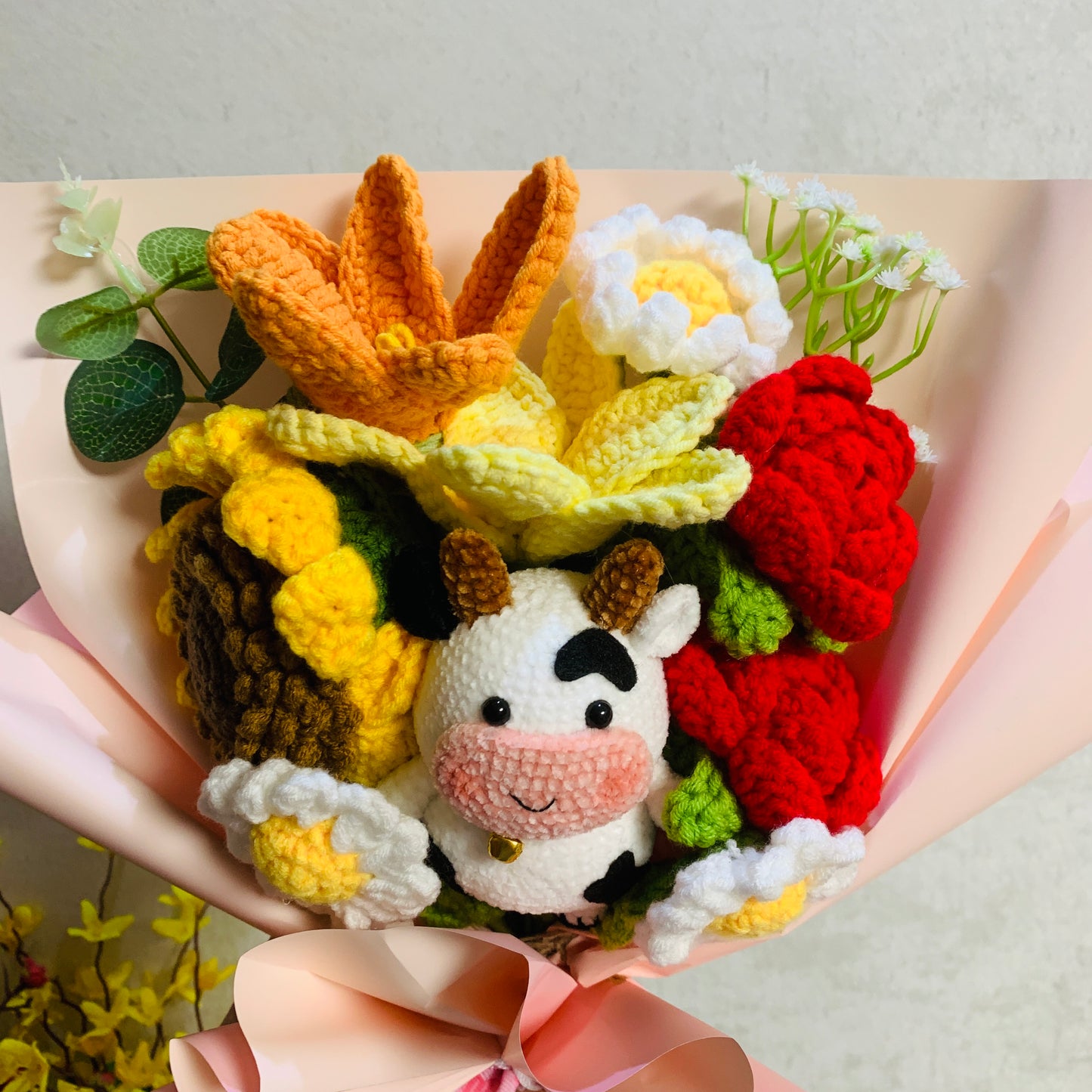Crochet flowers, red rose sunflower tulip ornaments, cute A bunch of flower Anniversary bouquet Gift for her flower ornaments