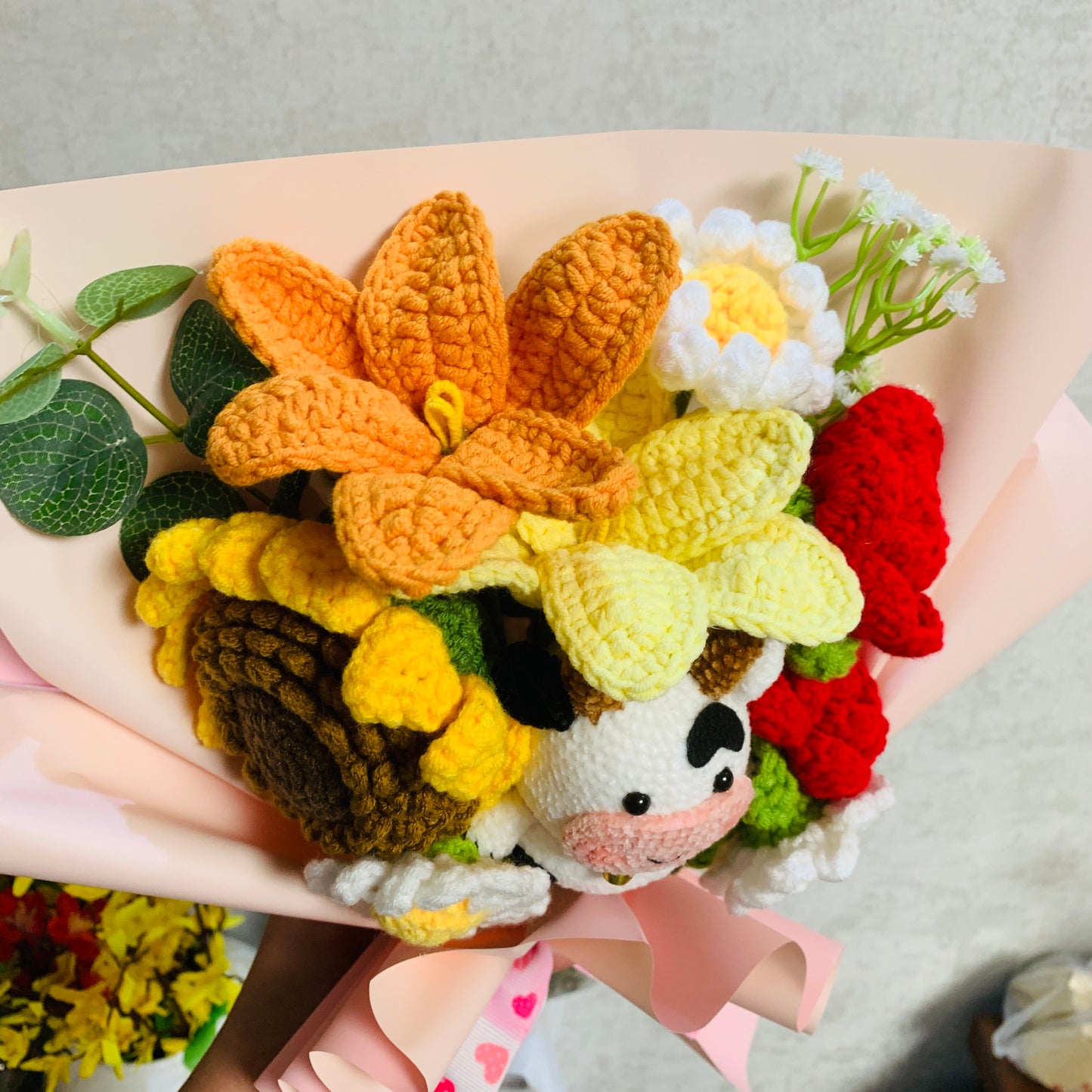 Crochet flowers, red rose sunflower tulip ornaments, cute A bunch of flower Anniversary bouquet Gift for her flower ornaments