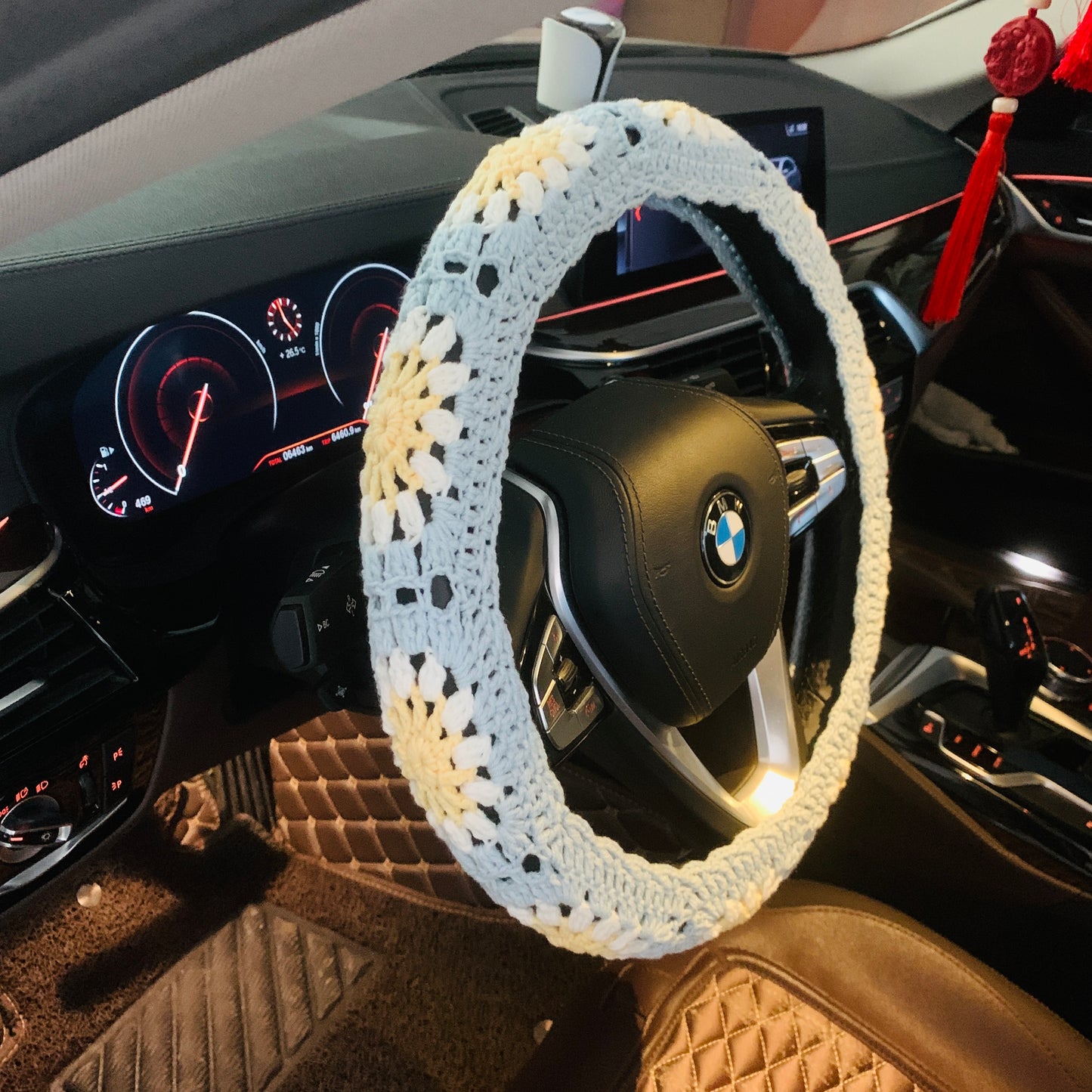 Crochet Steering Wheel Cover for women, cute Sunflower seat belt Cover, Car Accessories decorations