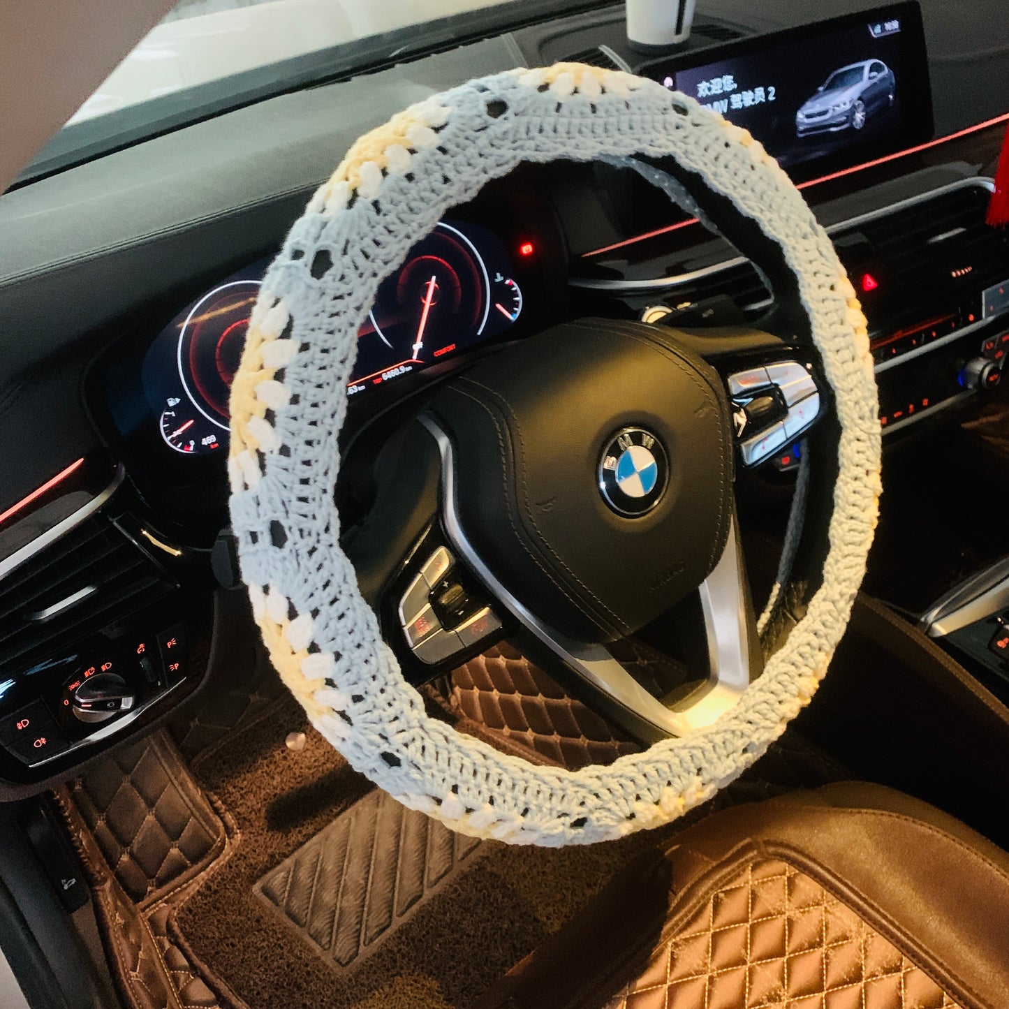 Crochet Steering Wheel Cover for women, cute Sunflower seat belt Cover, Car Accessories decorations