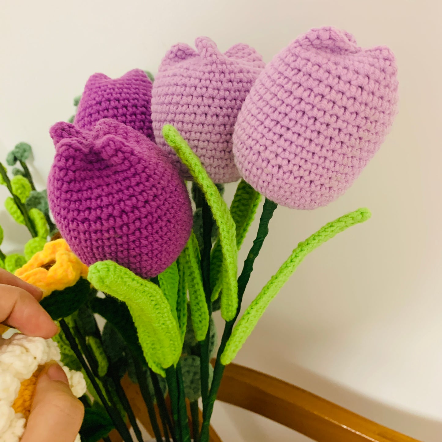 Crochet flowers, Lavender Eucalyptus tulips sunflower daisy flower ornaments, A bunch of flower Anniversary bouquet Gift for her