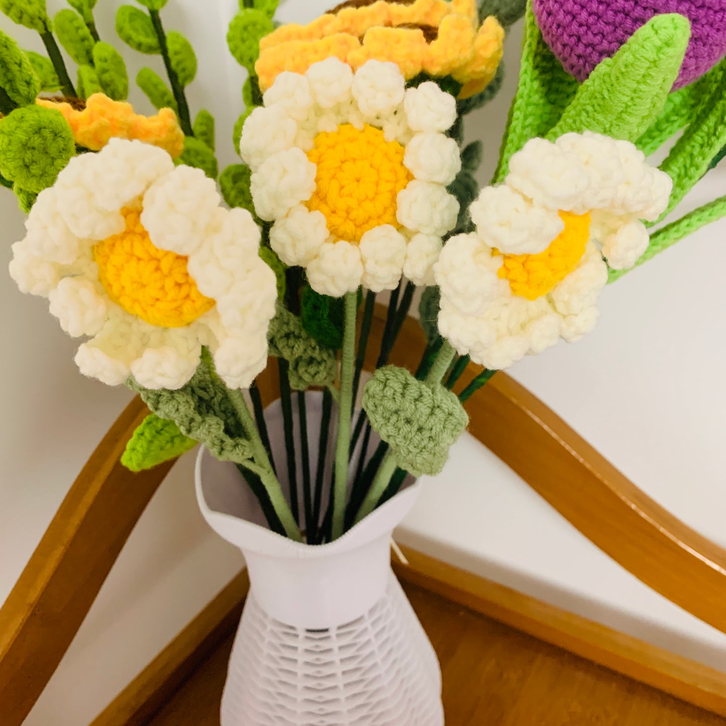 Crochet flowers, Lavender Eucalyptus tulips sunflower daisy flower ornaments, A bunch of flower Anniversary bouquet Gift for her