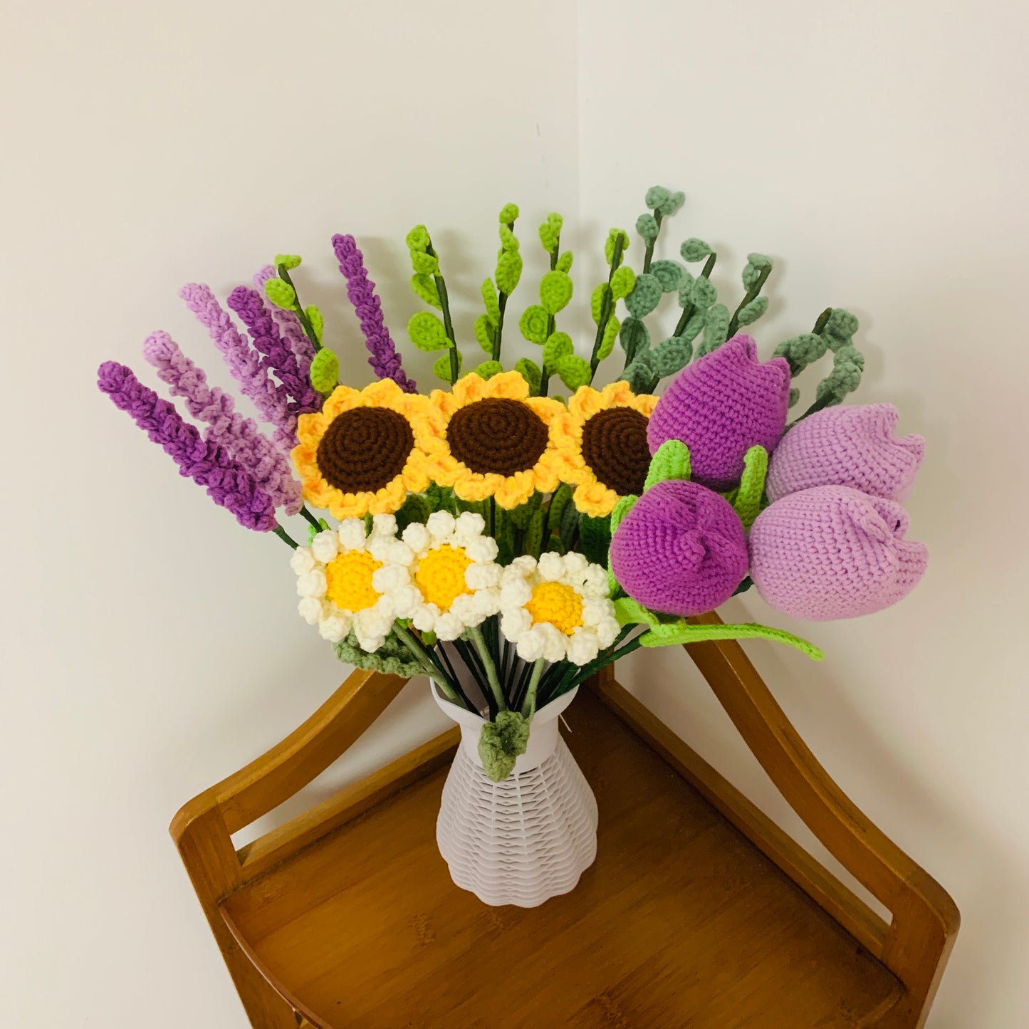 Crochet flowers, Lavender Eucalyptus tulips sunflower daisy flower ornaments, A bunch of flower Anniversary bouquet Gift for her