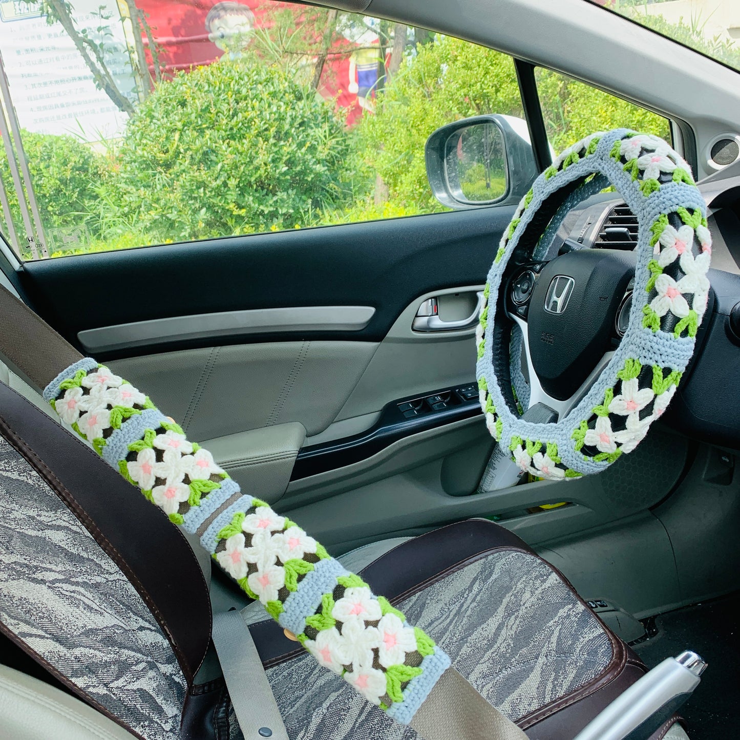 Handmade crochet Steering Wheel Cover for women, Cute flower seat belt Cover, Car interior Accessories decorations
