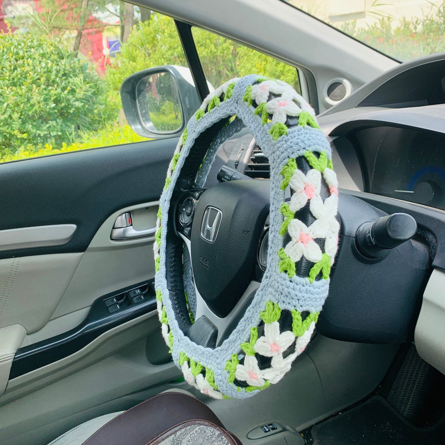 Handmade crochet Steering Wheel Cover for women, Cute flower seat belt Cover, Car interior Accessories decorations