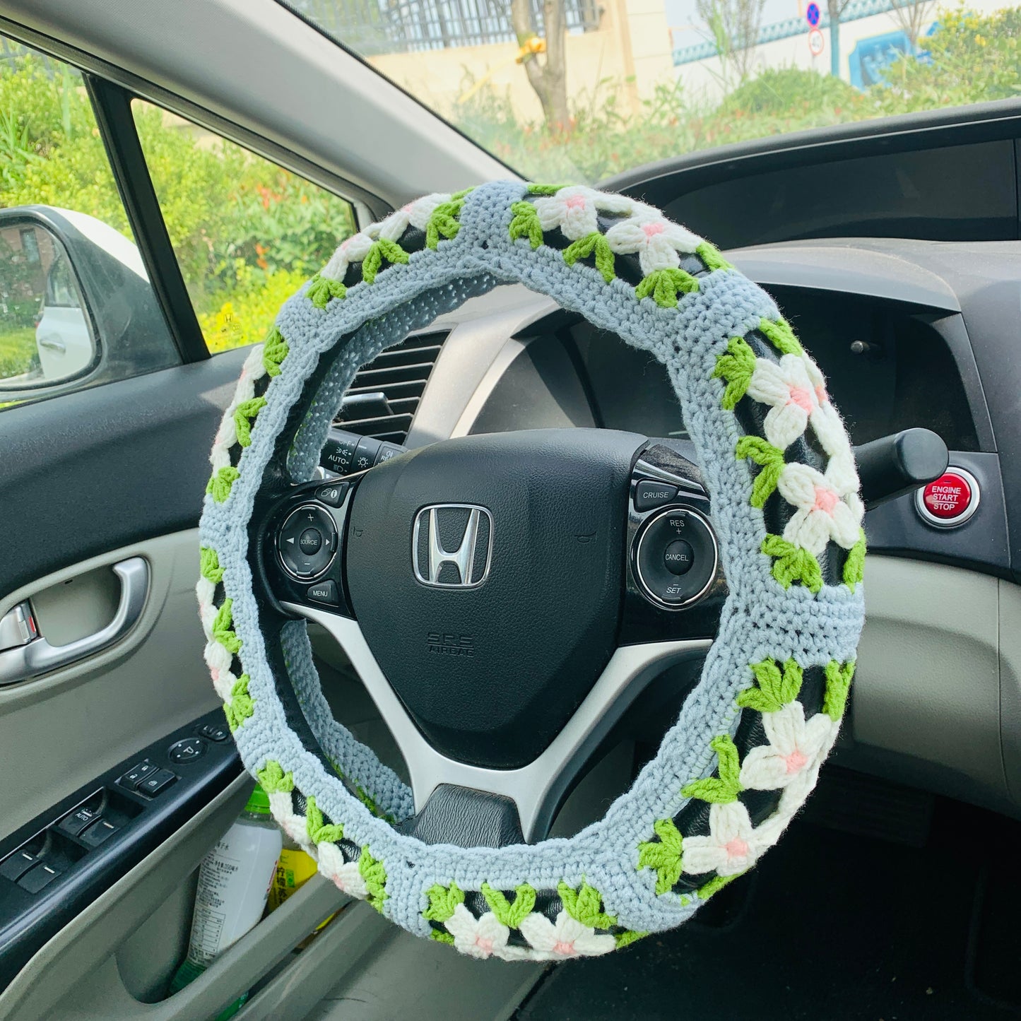 Handmade crochet Steering Wheel Cover for women, Cute flower seat belt Cover, Car interior Accessories decorations