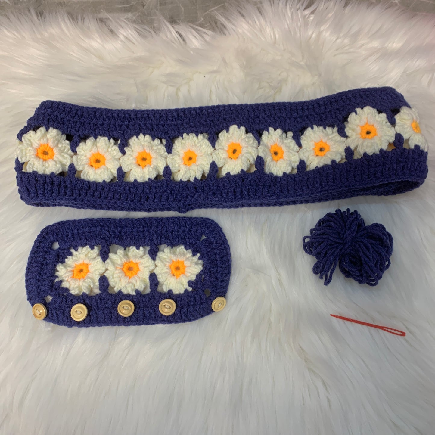 Steering Wheel Cover for women, Crochet Blue Daisy flower seat belt Cover, Car Accessories decorations