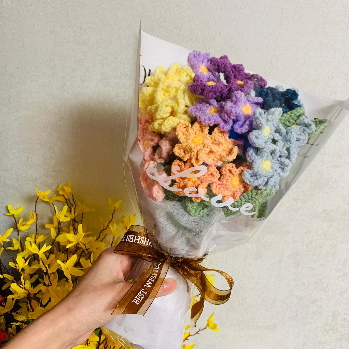 Crochet flowers, forget-me-not flower ornaments, A bunch of flower Anniversary bouquet Gift for her
