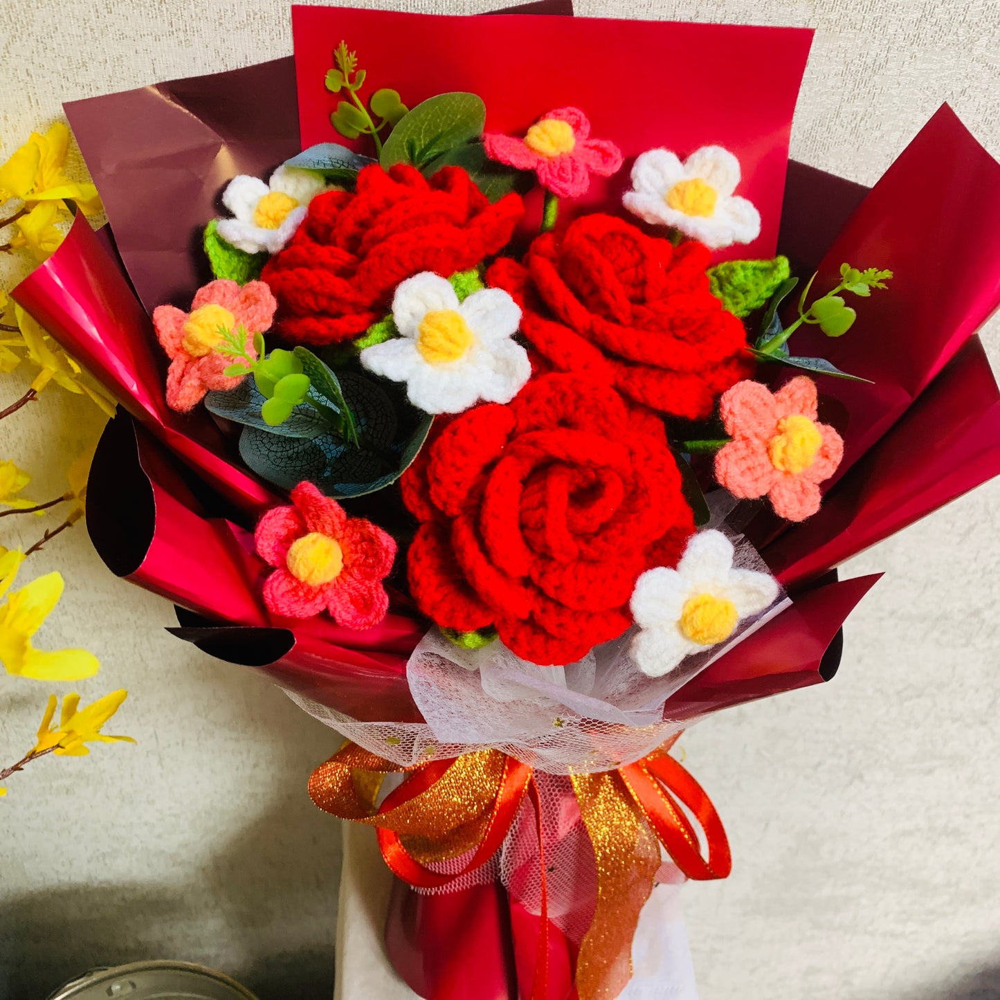 Crochet flowers, red rose flower ornaments, cute A bunch of flower Anniversary bouquet Gift for her flower ornaments