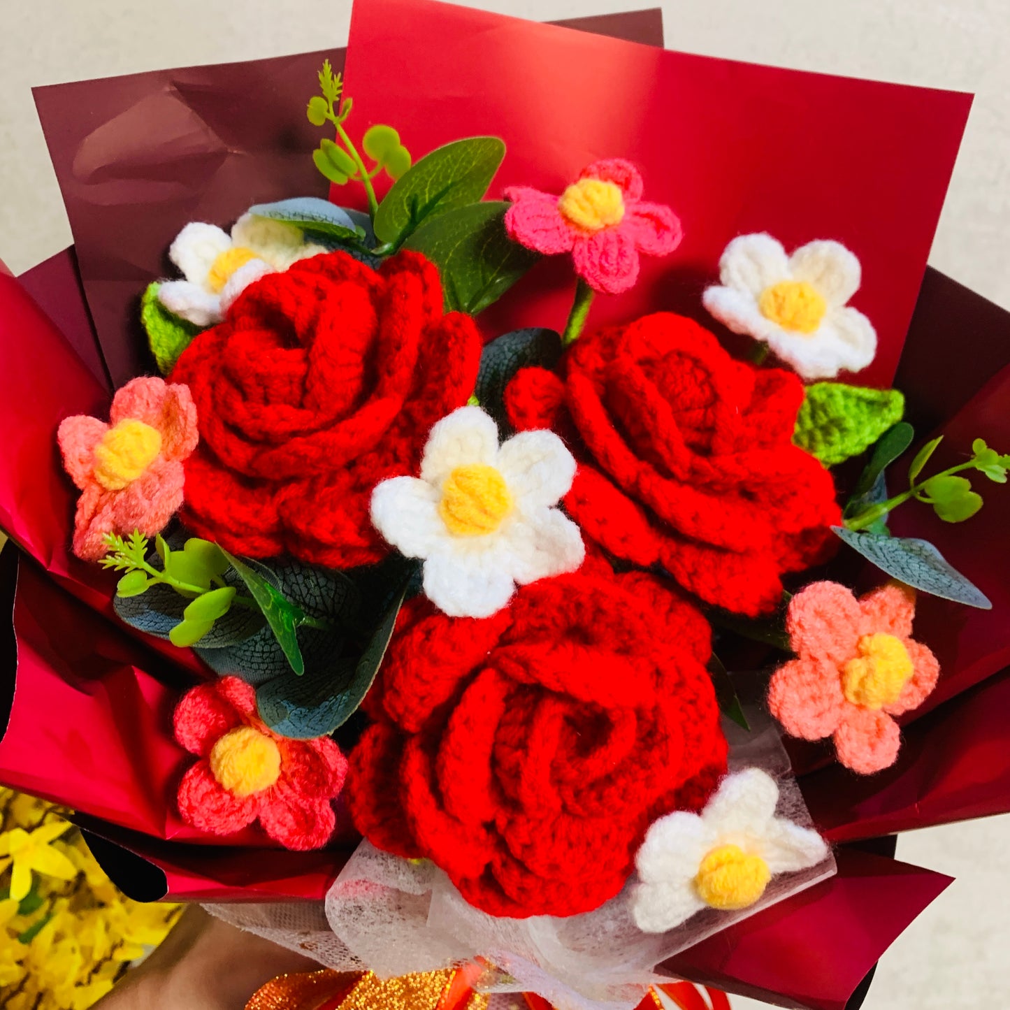 Crochet flowers, red rose flower ornaments, cute A bunch of flower Anniversary bouquet Gift for her flower ornaments