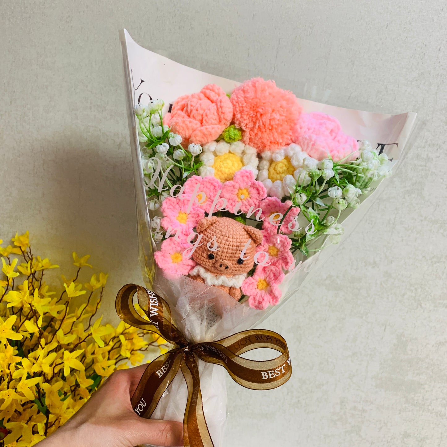 Crochet flowers, cute piggy rose tulip daisy flower ornaments, cute A bunch of flower Anniversary bouquet Gift for her flower ornaments