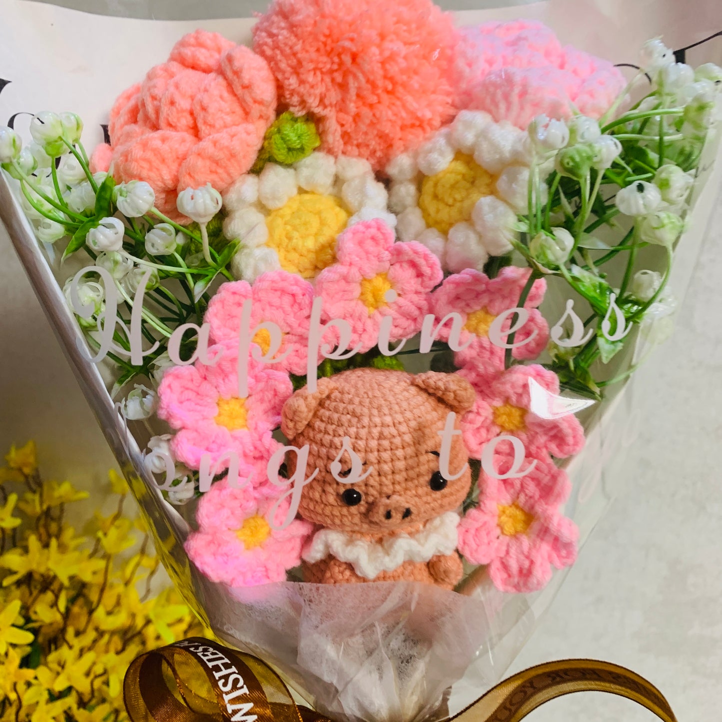Crochet flowers, cute piggy rose tulip daisy flower ornaments, cute A bunch of flower Anniversary bouquet Gift for her flower ornaments