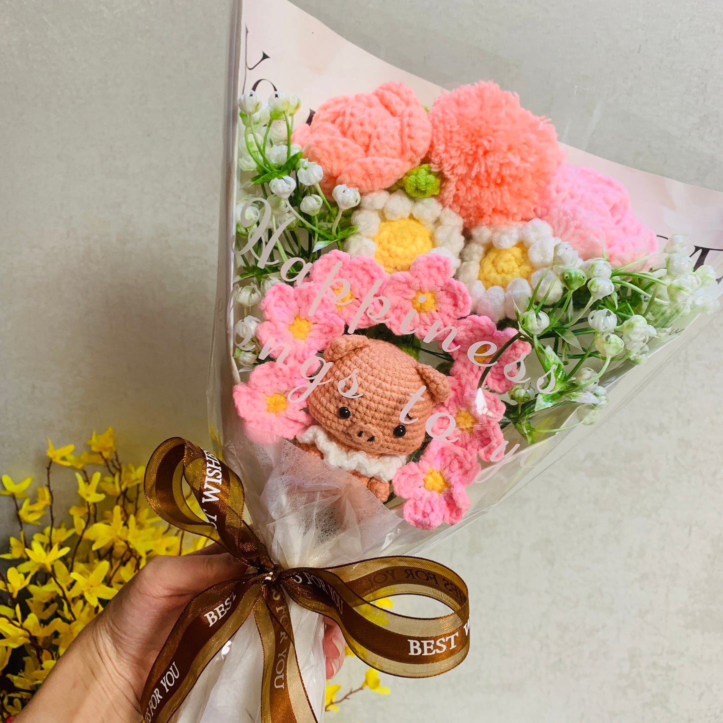 Crochet flowers, cute piggy rose tulip daisy flower ornaments, cute A bunch of flower Anniversary bouquet Gift for her flower ornaments