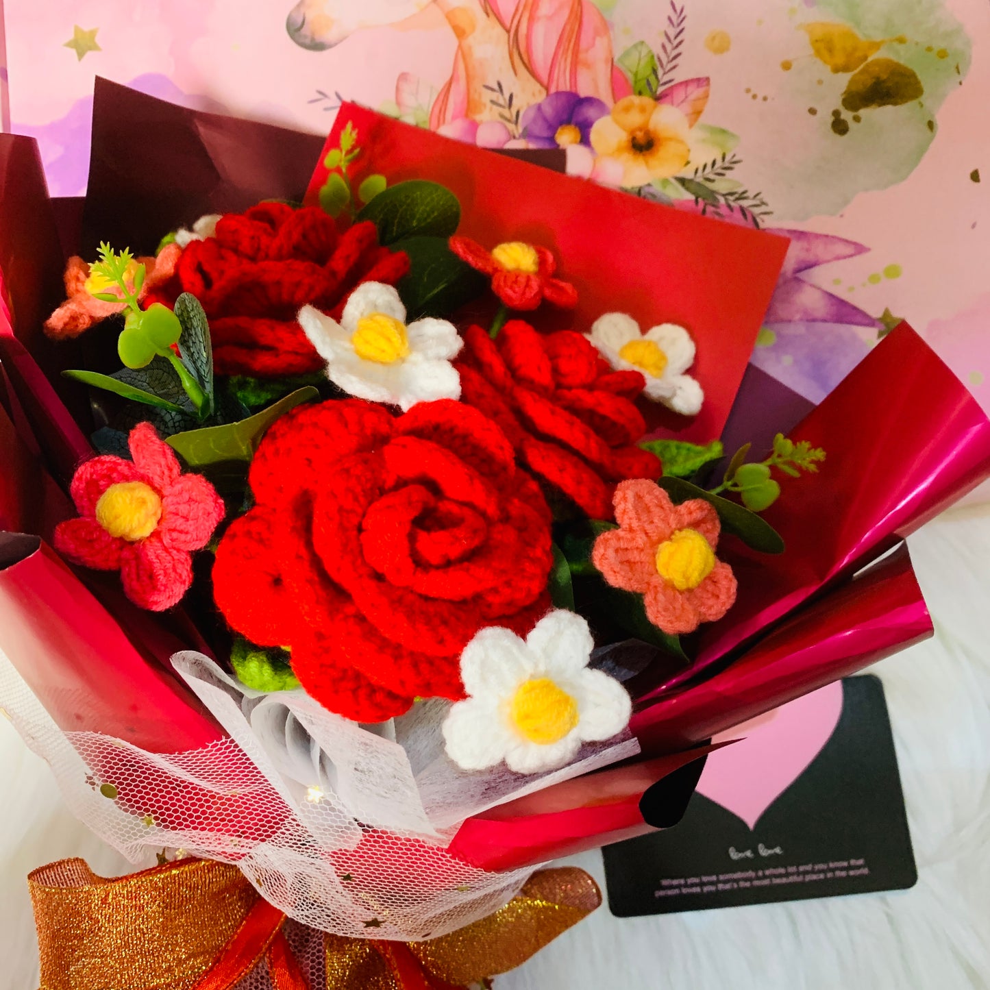 Crochet flowers, red rose flower ornaments, cute A bunch of flower Anniversary bouquet Gift for her flower ornaments