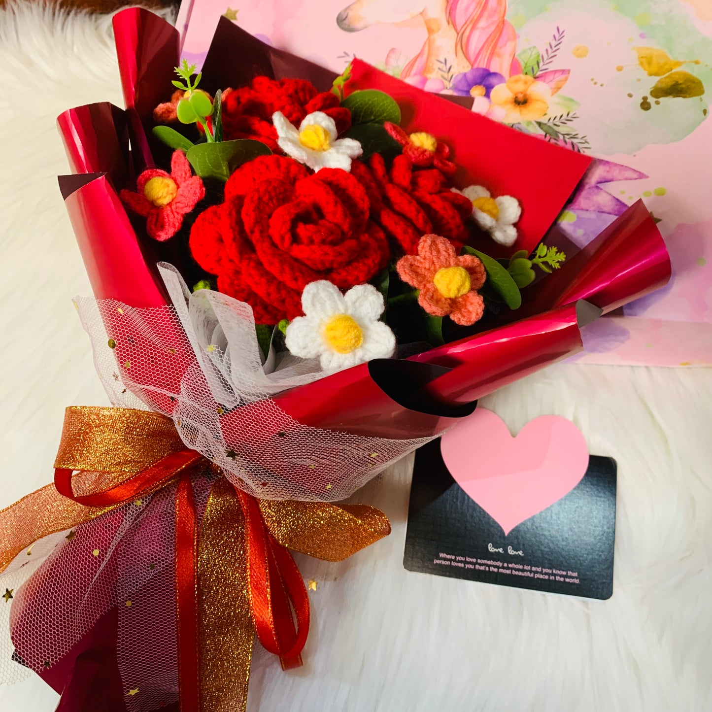 Crochet flowers, red rose flower ornaments, cute A bunch of flower Anniversary bouquet Gift for her flower ornaments