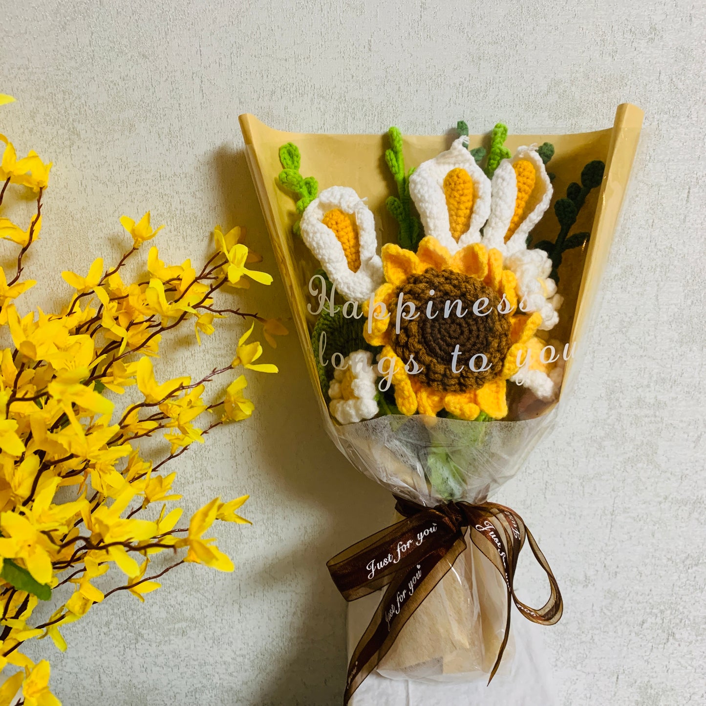 Crochet sunflowers Eucalyptus daisy calla lily flower, A bunch of flower Gift for her