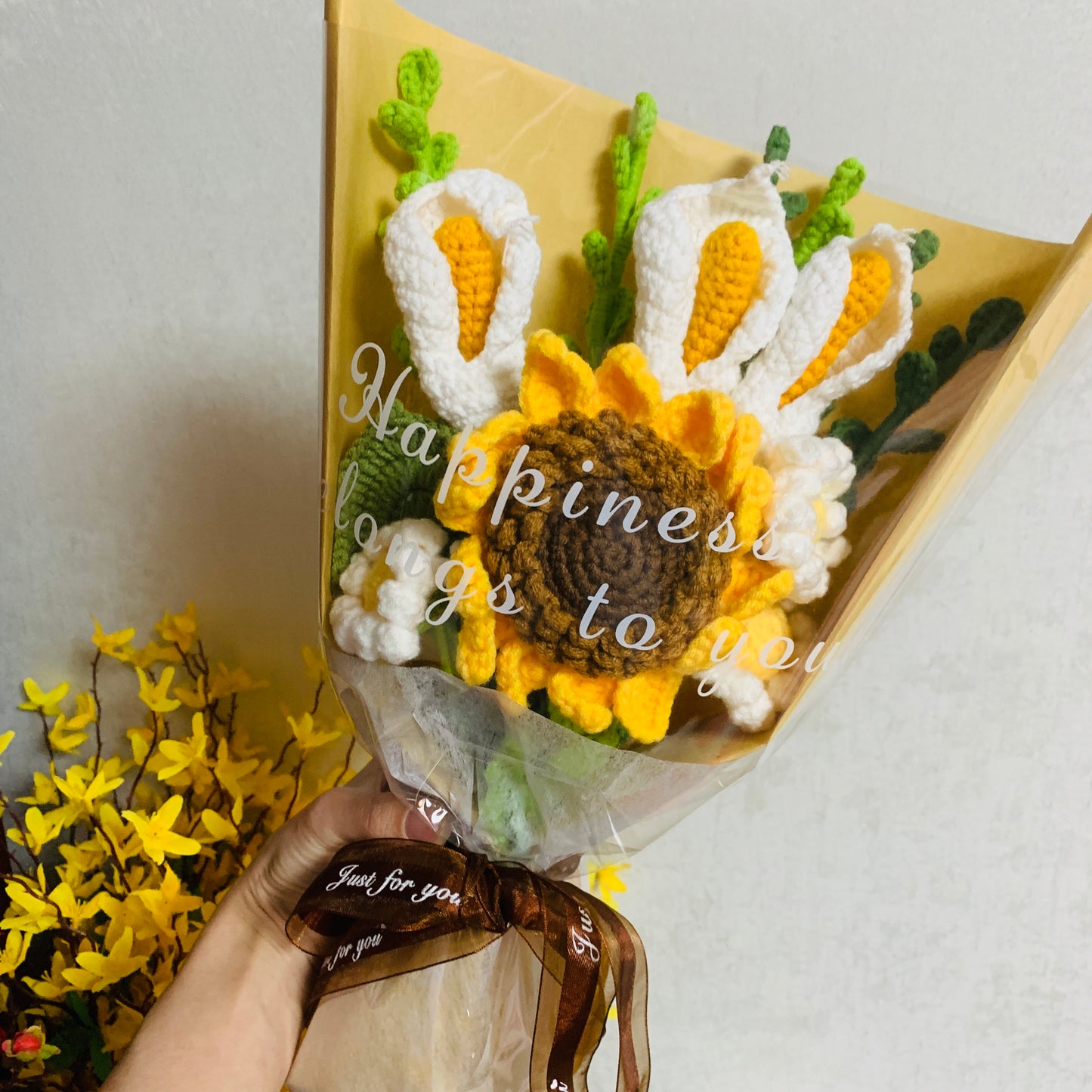 Crochet sunflowers Eucalyptus daisy calla lily flower, A bunch of flower Gift for her