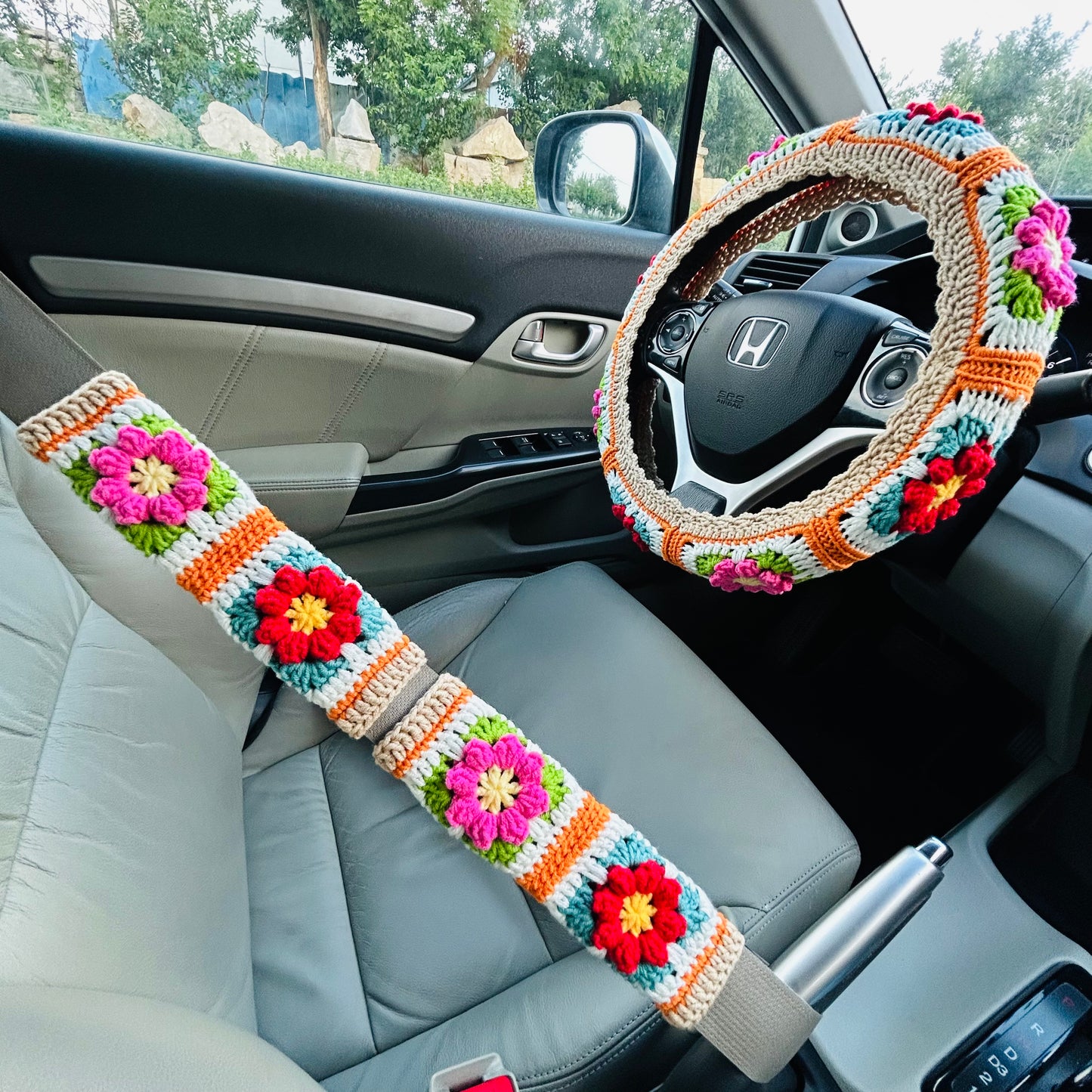 Steering Wheel Cover for women, Crochet Ginger puff light brown flower seat belt Cover, Car Accessories decorations
