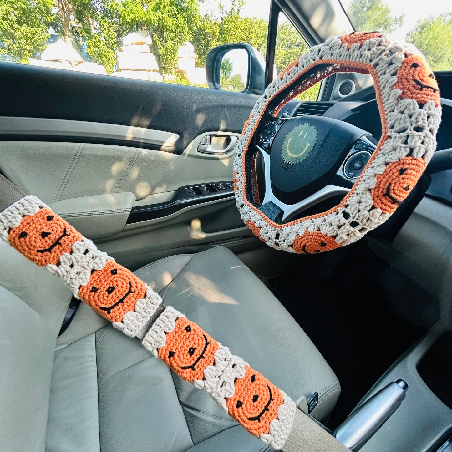Steering Wheel Cover for women, Crochet pumpkin Halloween seat belt Cover, Car Accessories decorations