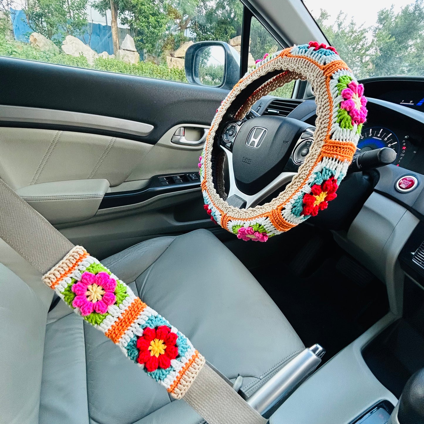Steering Wheel Cover for women, Crochet Ginger puff light brown flower seat belt Cover, Car Accessories decorations