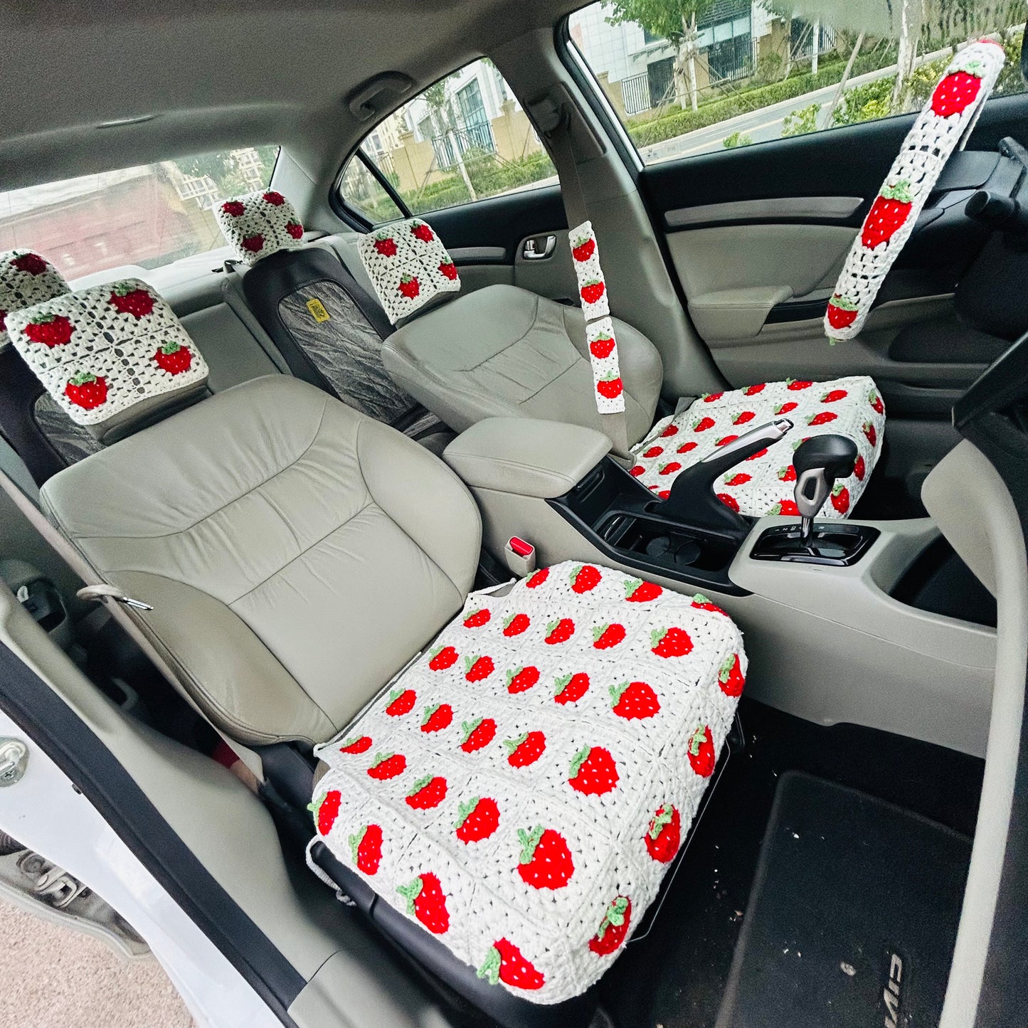 Crochet Car Decoration Set, Crochet Strawberry Steering Wheel Cover, Seat belt Cover, Headrest covers Crochet seats cover for cars