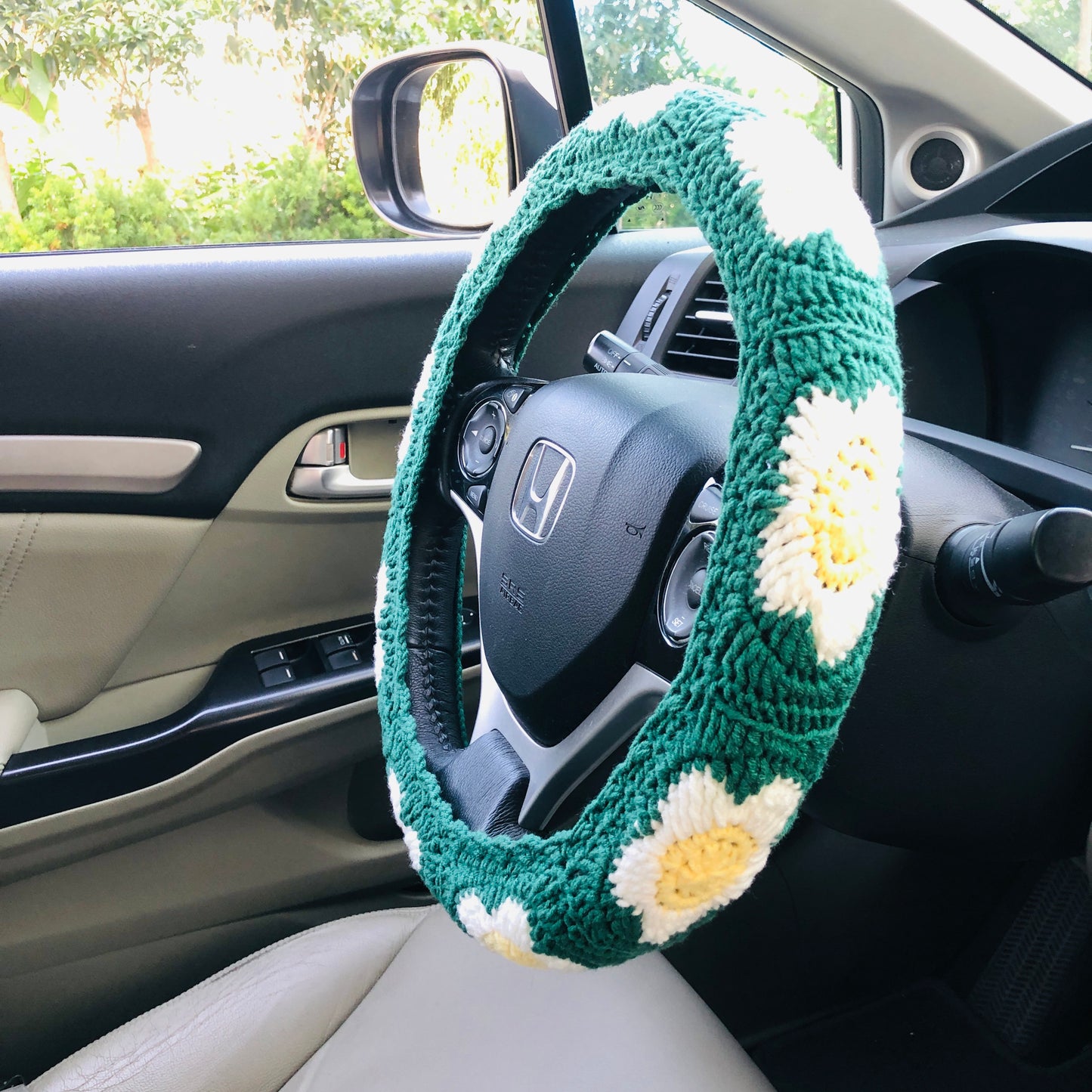 Steering Wheel Cover for women, Crochet Green flower seat belt Cover, Car Accessories decorations