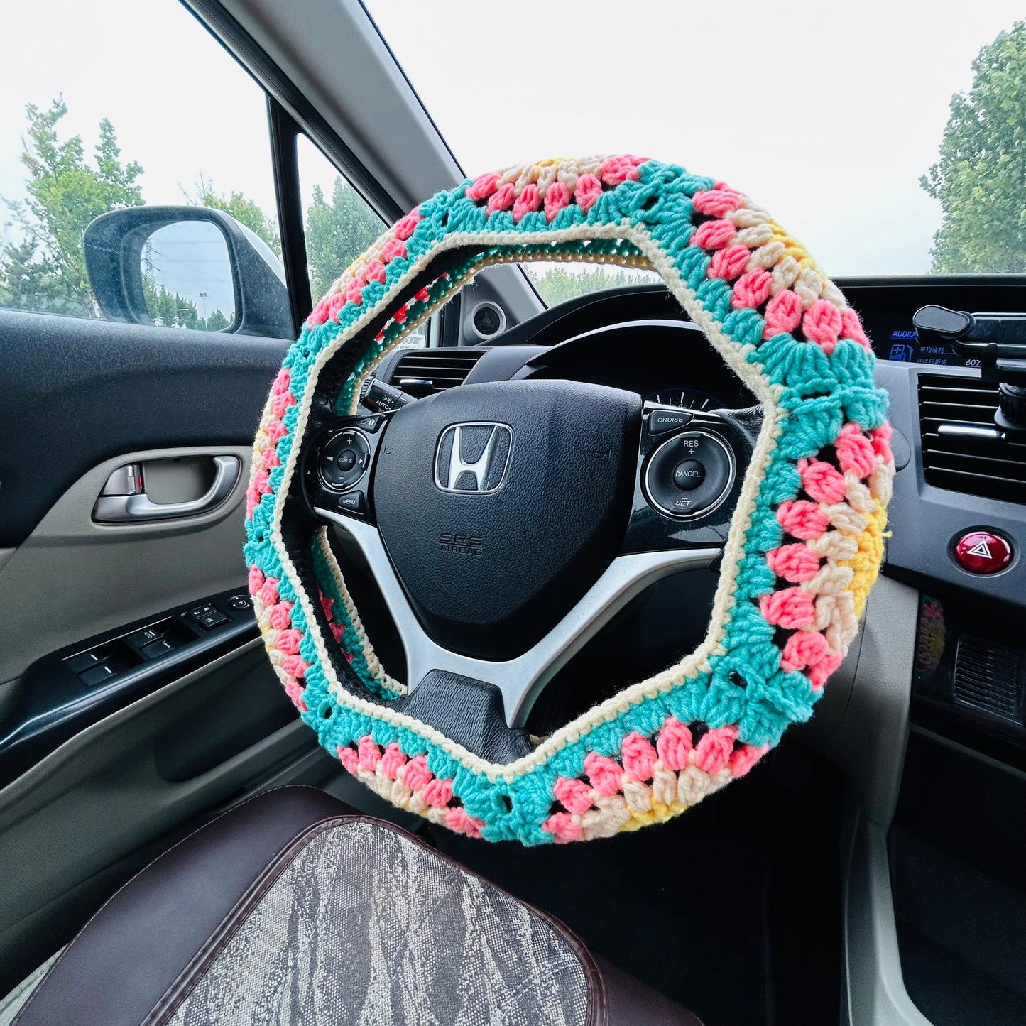 Steering Wheel Cover for women, Crochet Green pink flower seat belt Cover, Car Accessories decorations