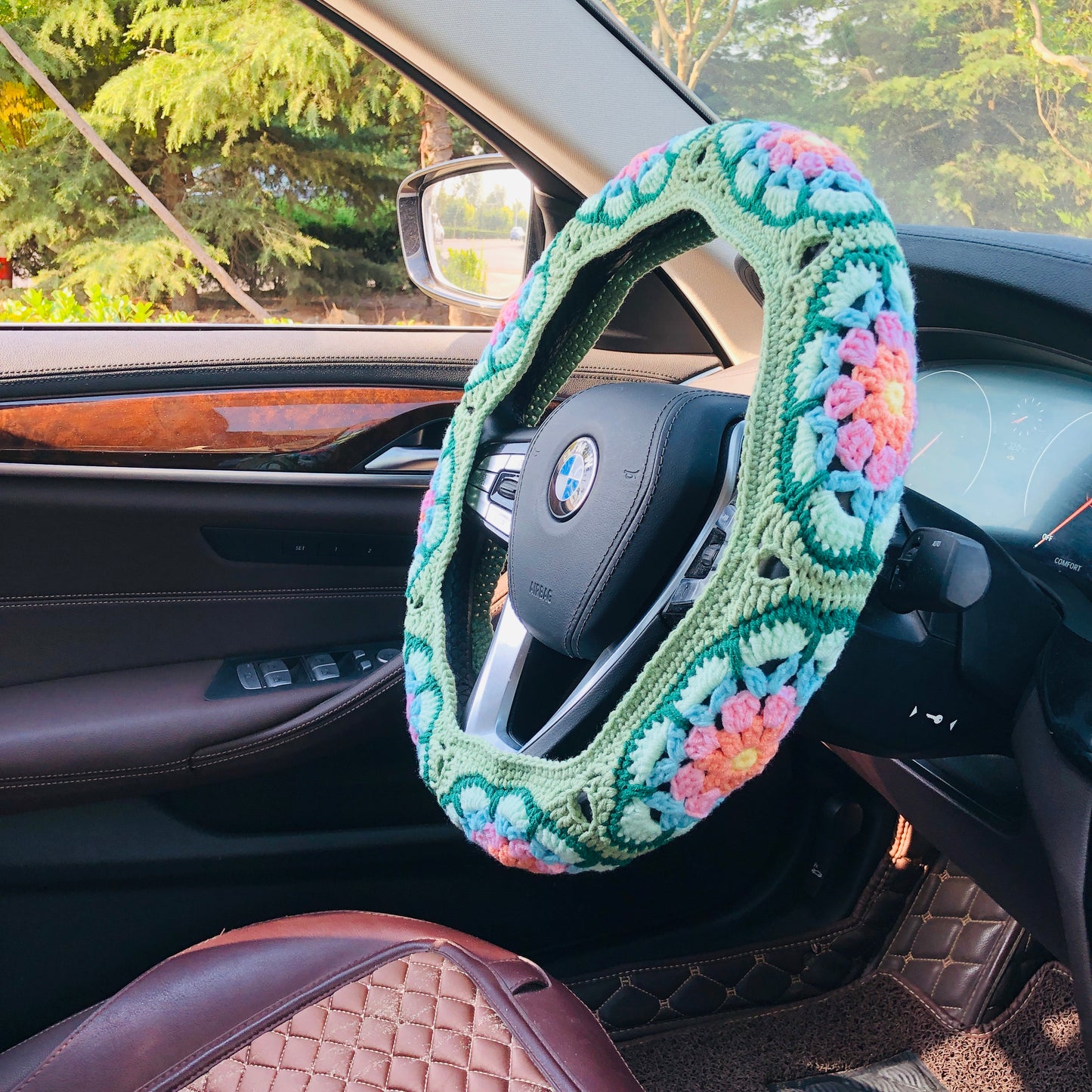 Steering Wheel Cover for women, Crochet Galsang Green flower seat belt Cover, Car Accessories decorations