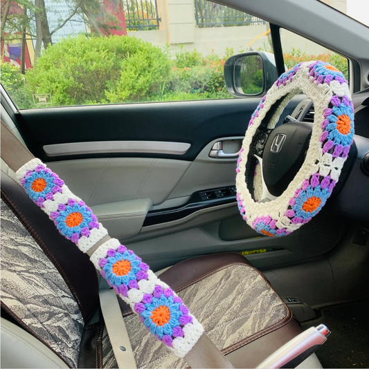 Crochet  handmade Steering Wheel Cover for women, cute daisy flower seat belt Cover, Car interior Accessories decorations