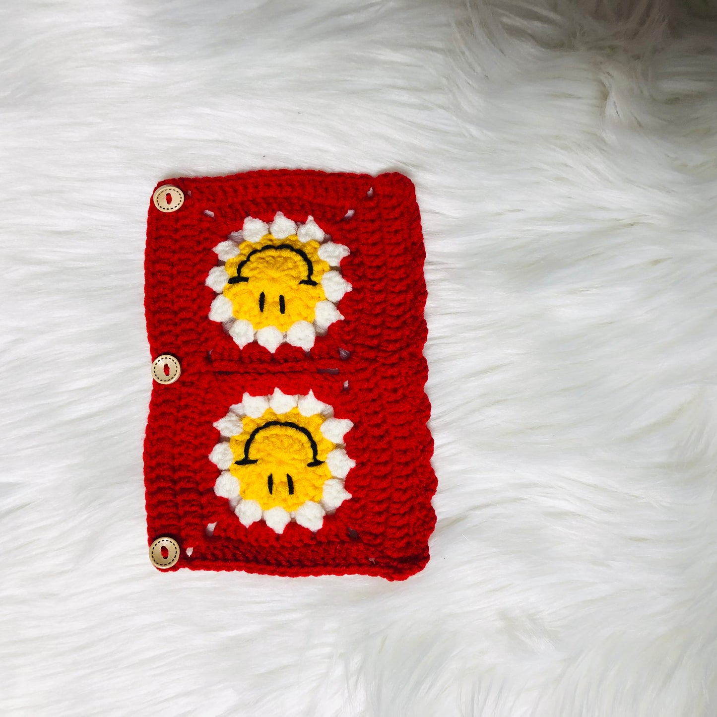 Handmade crochet cute red smiley face Steering Wheel Cover for women,daisy flower seat belt Cover, Car interior Accessories decorations gift