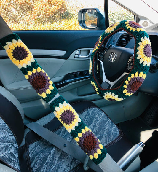 Steering Wheel Cover for women, Crochet cute green flower seat belt Cover, Car Accessories decorations