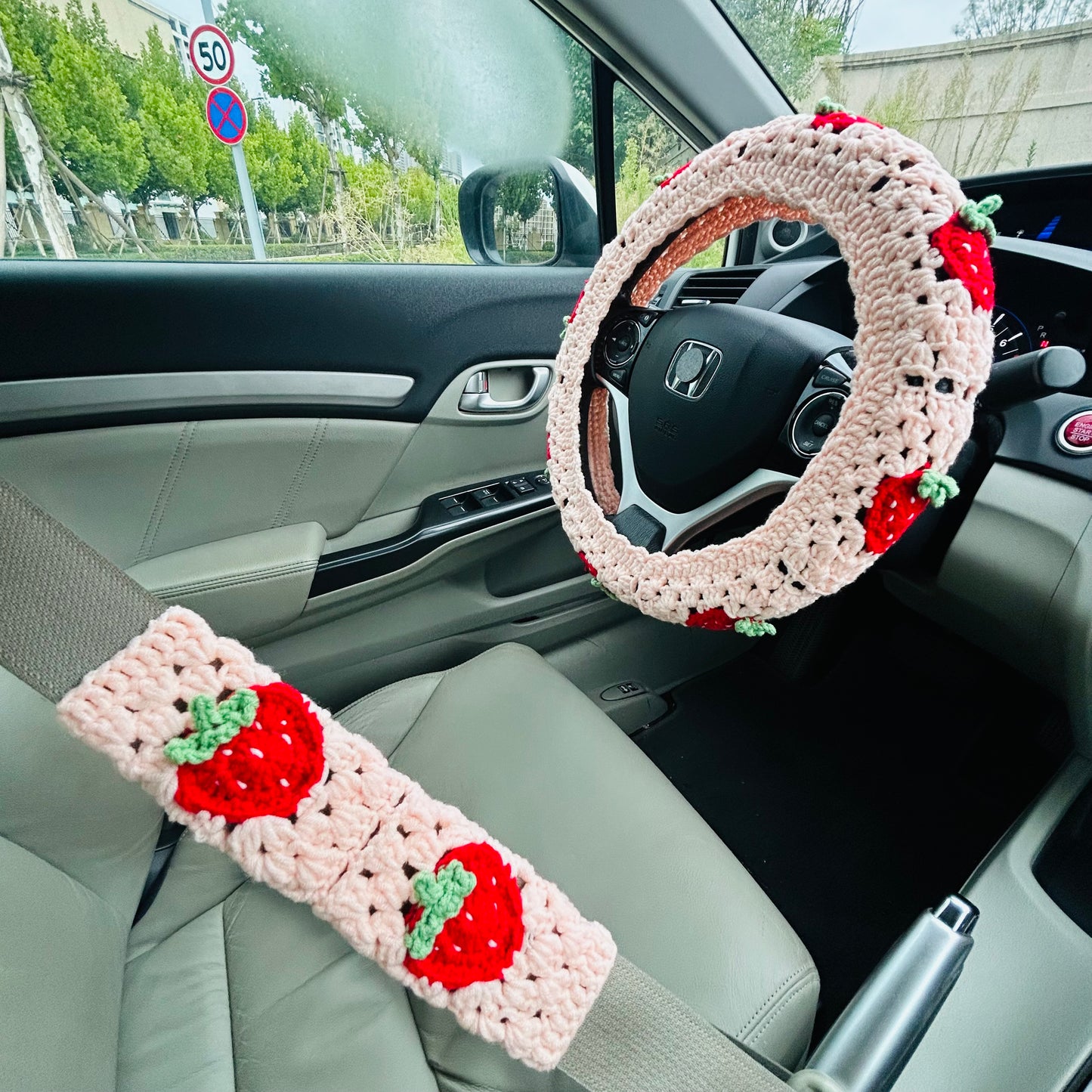 Steering Wheel Cover for women, Crochet cute pink Strawberry flower seat belt Cover, Car Accessories decorations