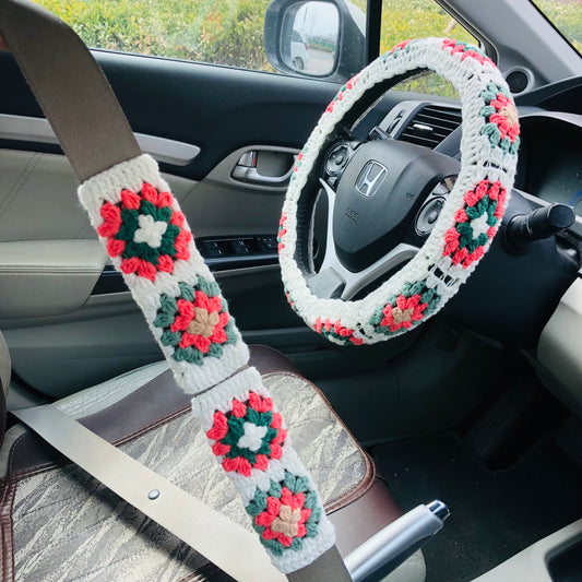 Steering Wheel Cover for women, Crochet flower seat belt Cover, Car Accessories decorations