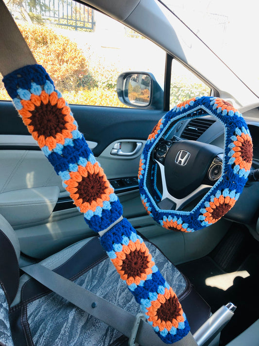 Steering Wheel Cover for women, Crochet cute flower seat belt Cover, Car Accessories decorations