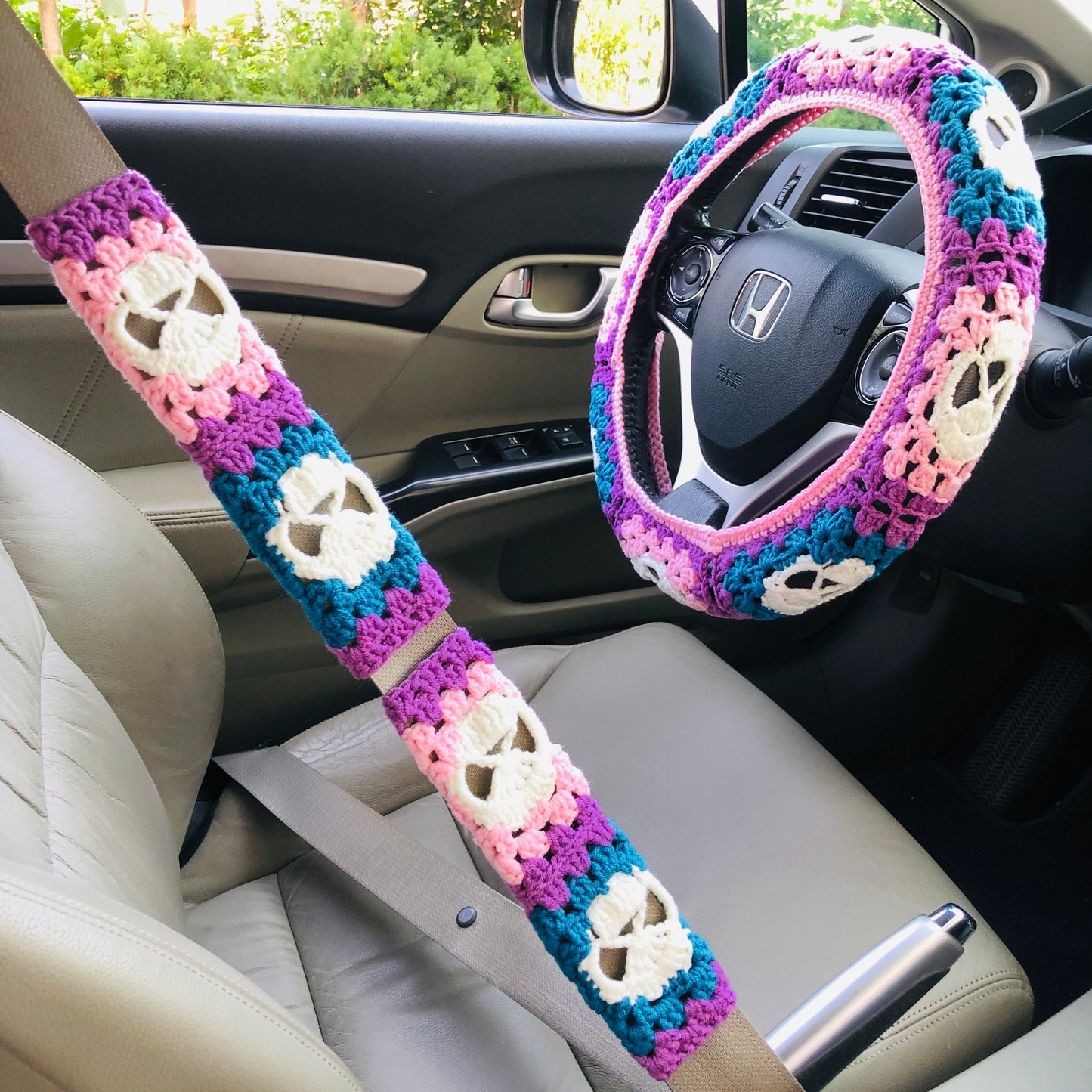 Steering Wheel Cover for women, Crochet Mysterious Skeleton seat belt Cover, Car Accessories decorations