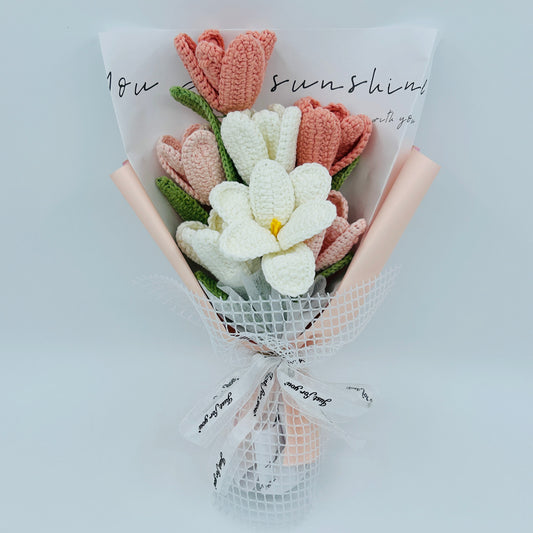 Finished Crochet Flower Bouquet Artificial Tulip Faux Flower Decoration ornaments, Anniversary Handmade knitted Gift for her